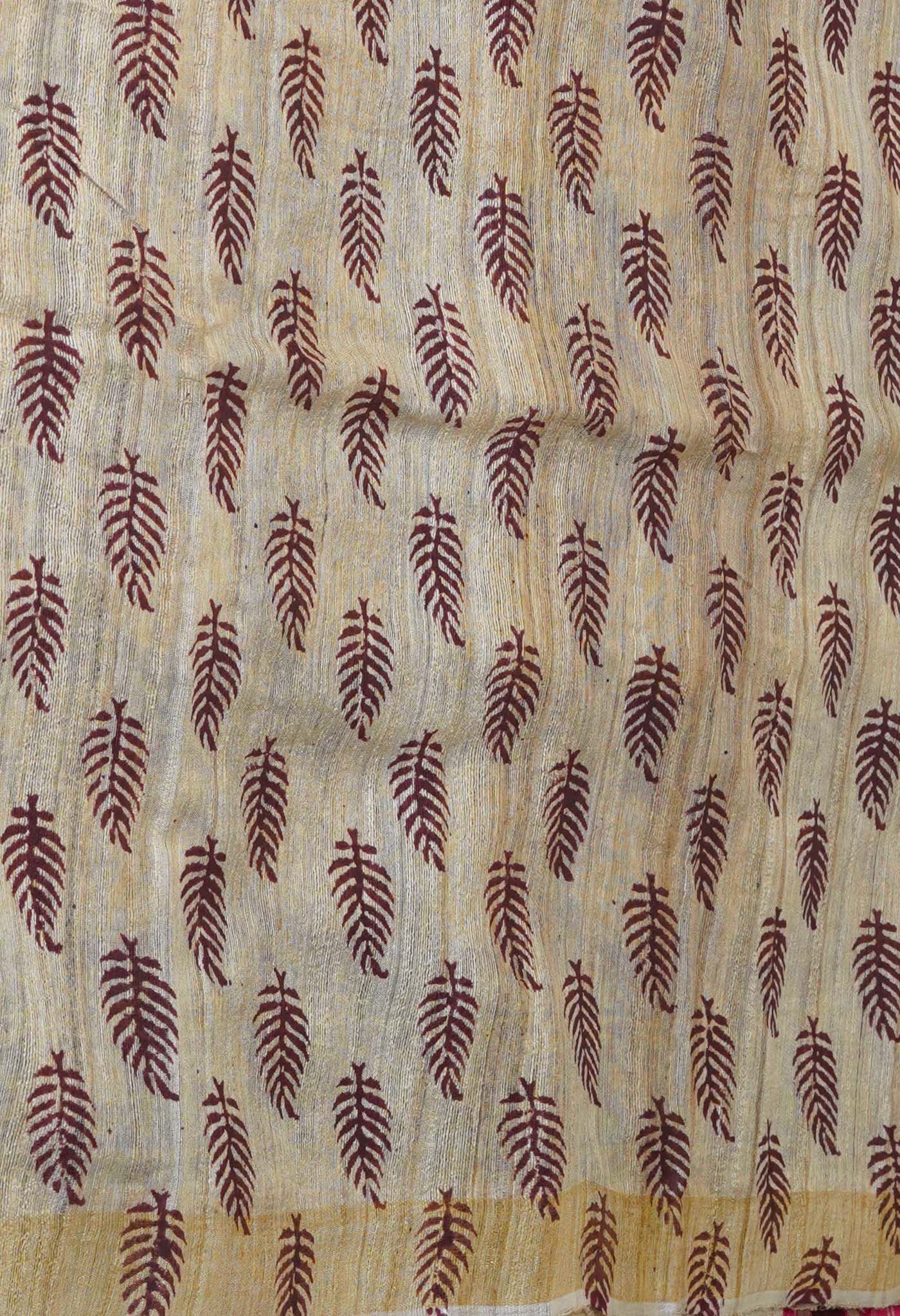 Brown Pure Handloom Hand Block Printed Vidarbha Tussar Silk Saree-UNM75427