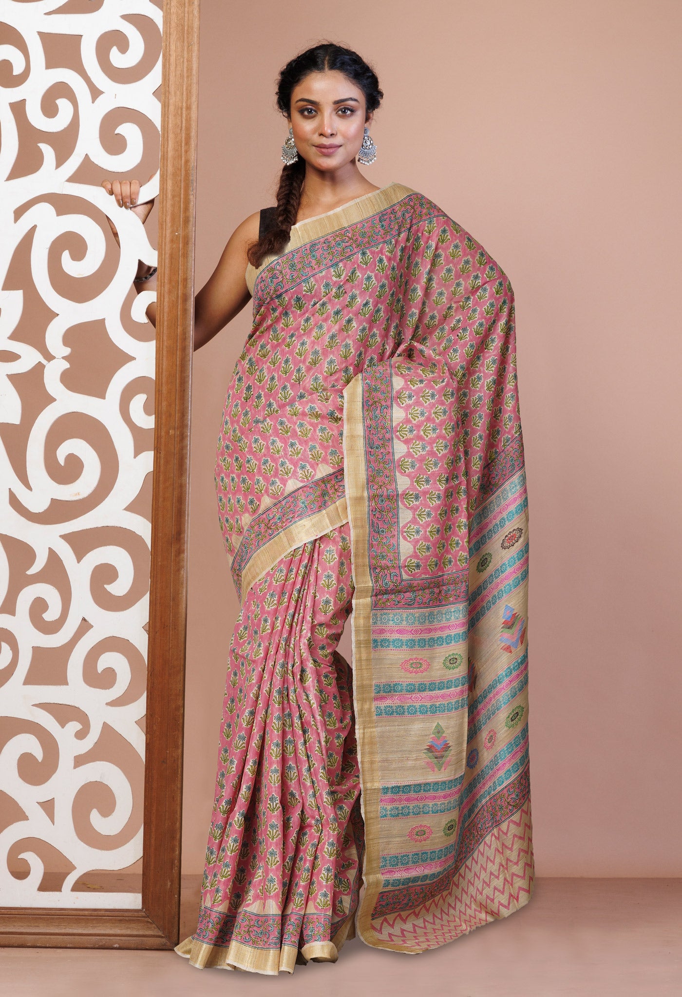 Pink Pure Handloom Hand Block Printed Vidarbha Tussar Silk Saree-UNM75429