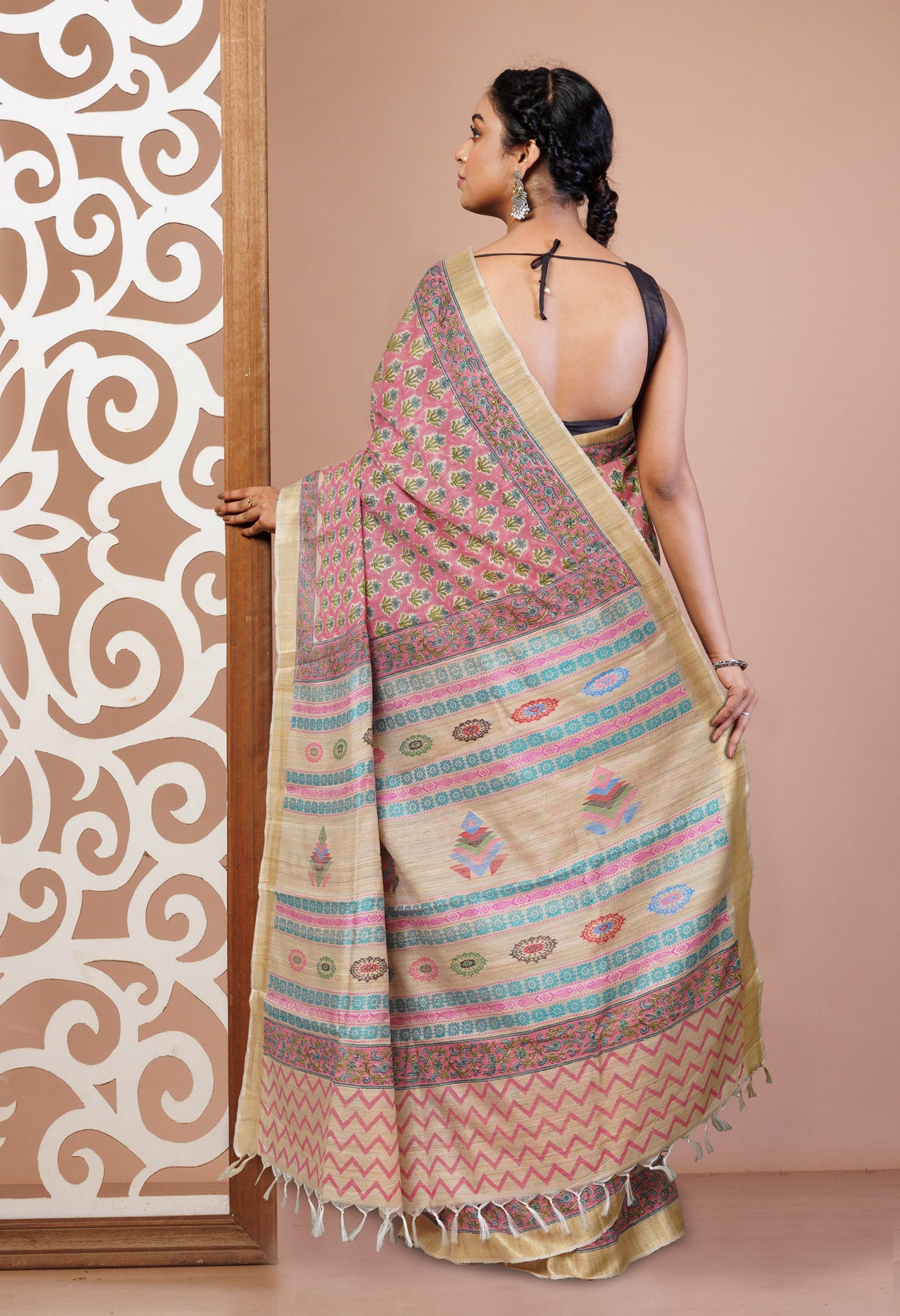 Pink Pure Handloom Hand Block Printed Vidarbha Tussar Silk Saree-UNM75429