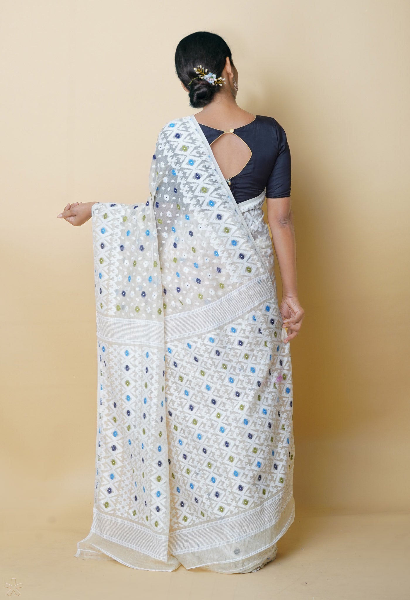 Cream Jamdhani Bengal Cotton Silk Saree