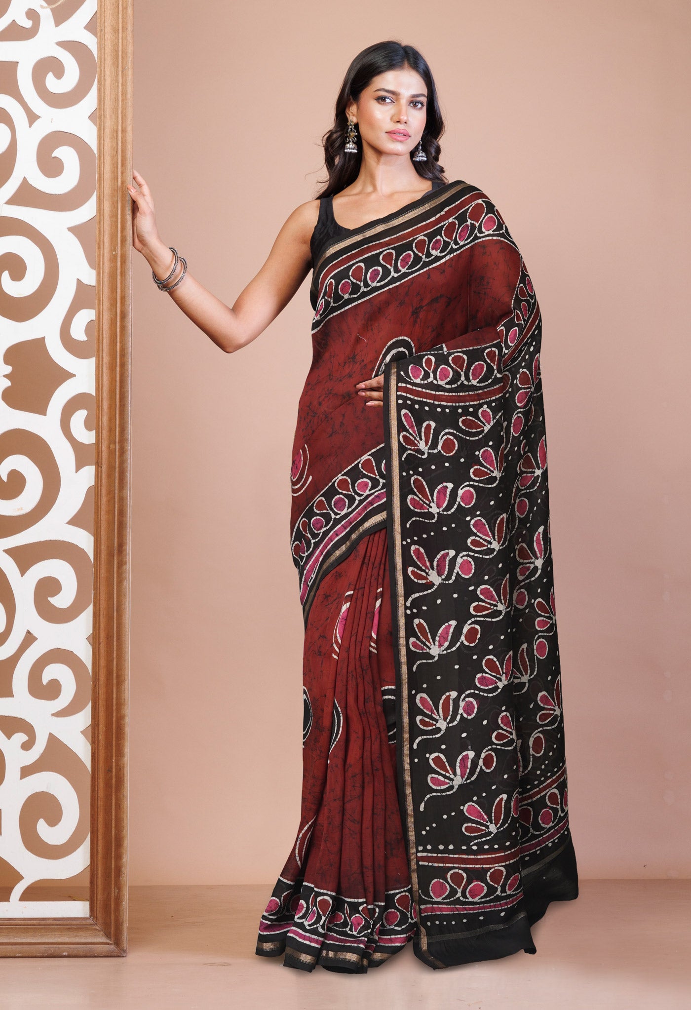 Red-Black Pure  Pen Wax Batik Hand Printed Chanderi Sico Saree-UNM75494