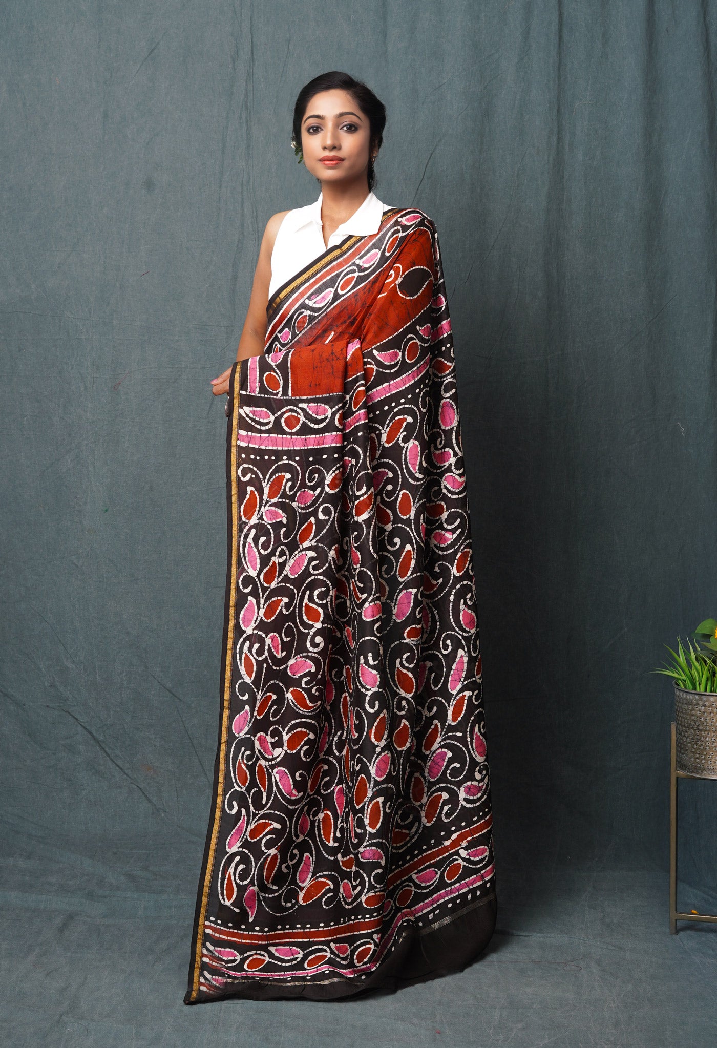 Cinnamon Brown-Black Pure  Pen Wax Batik Hand Printed Chanderi Sico Saree