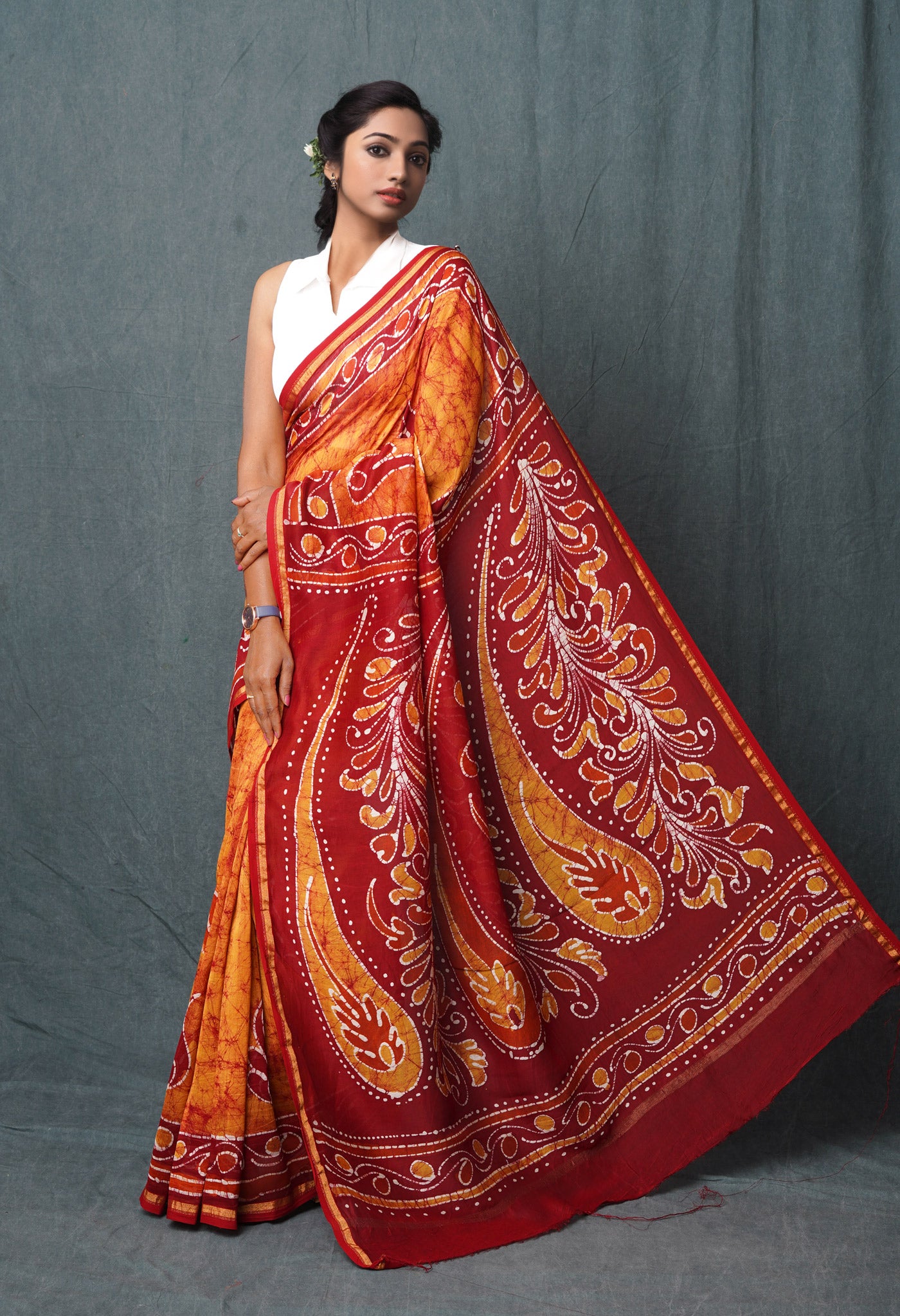 Mustard Yellow-Red Pure  Pen Wax Batik Hand Printed Chanderi Sico Saree