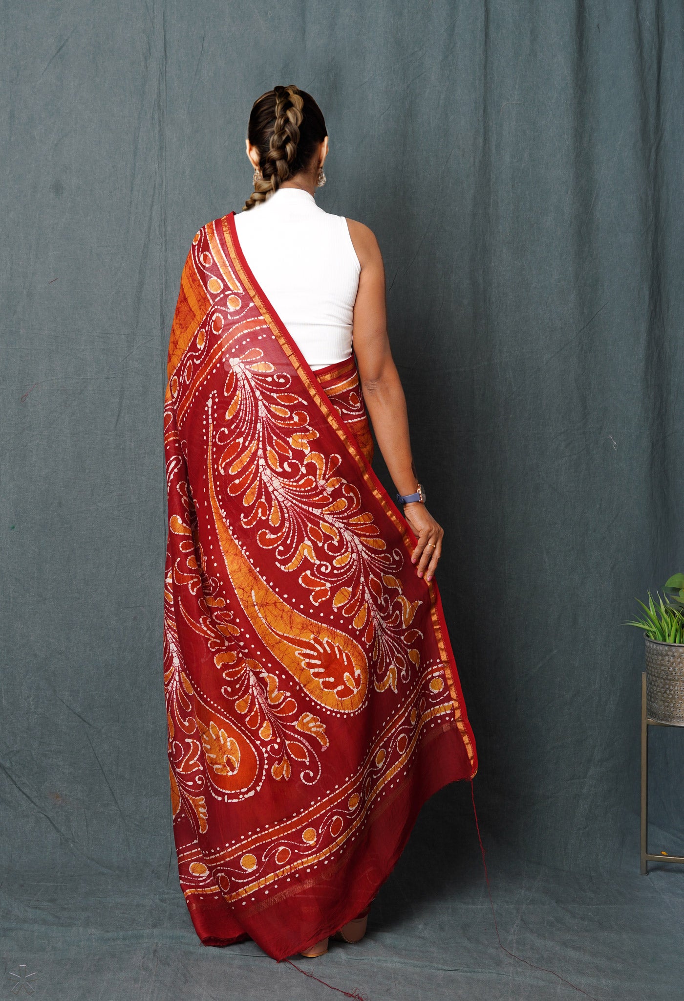 Mustard Yellow-Red Pure  Pen Wax Batik Hand Printed Chanderi Sico Saree