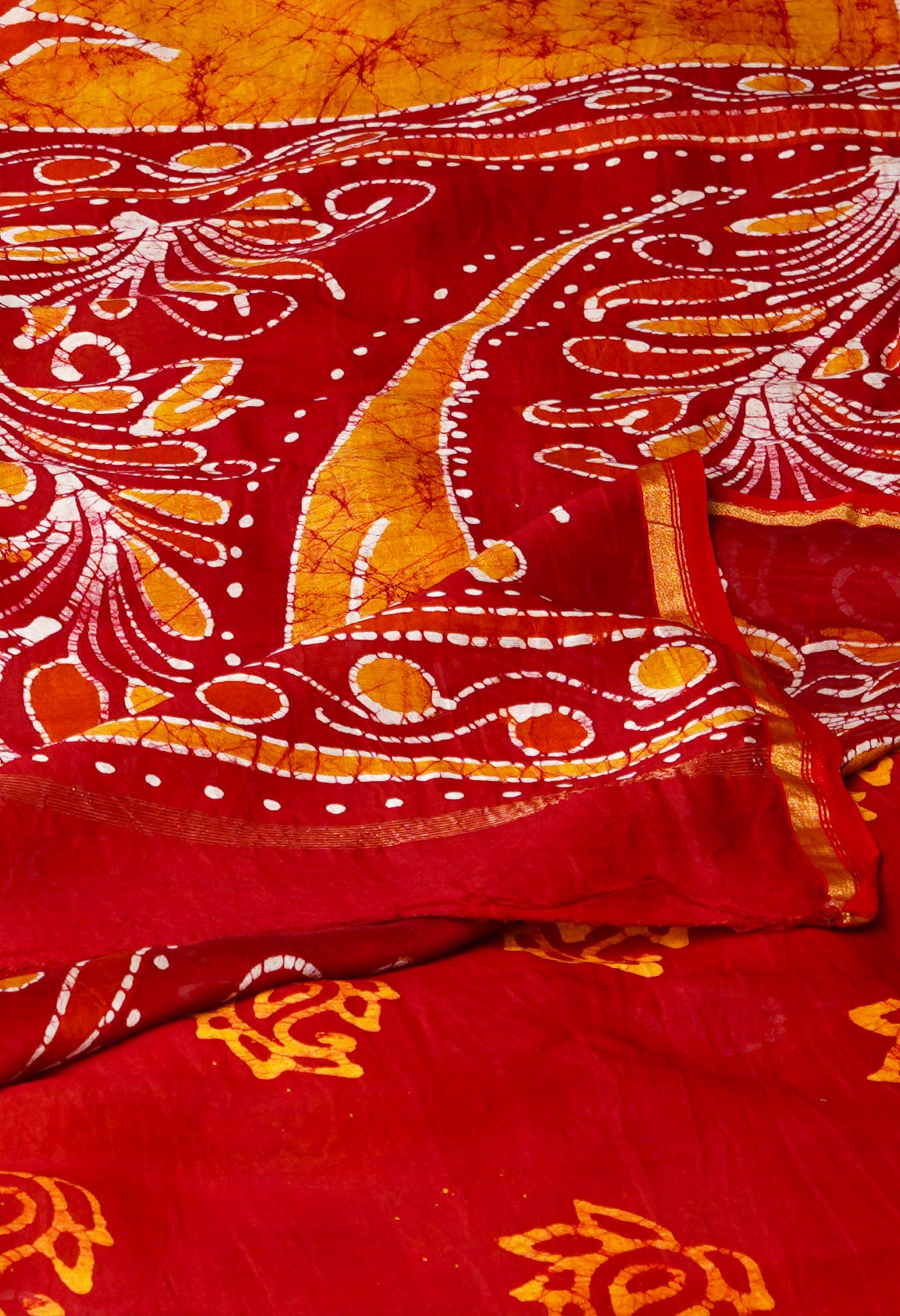 Mustard Yellow-Red Pure  Pen Wax Batik Hand Printed Chanderi Sico Saree