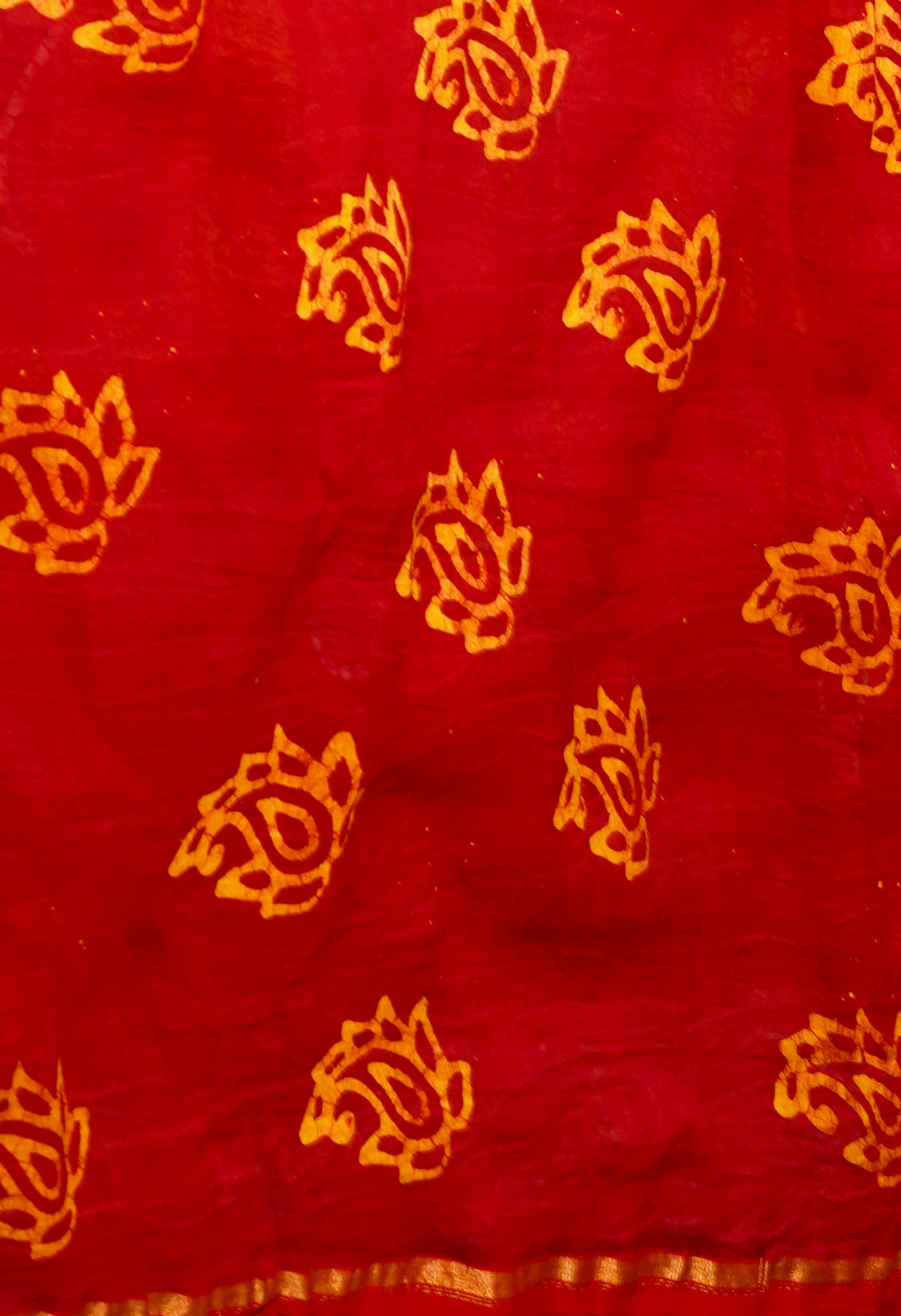 Mustard Yellow-Red Pure  Pen Wax Batik Hand Printed Chanderi Sico Saree