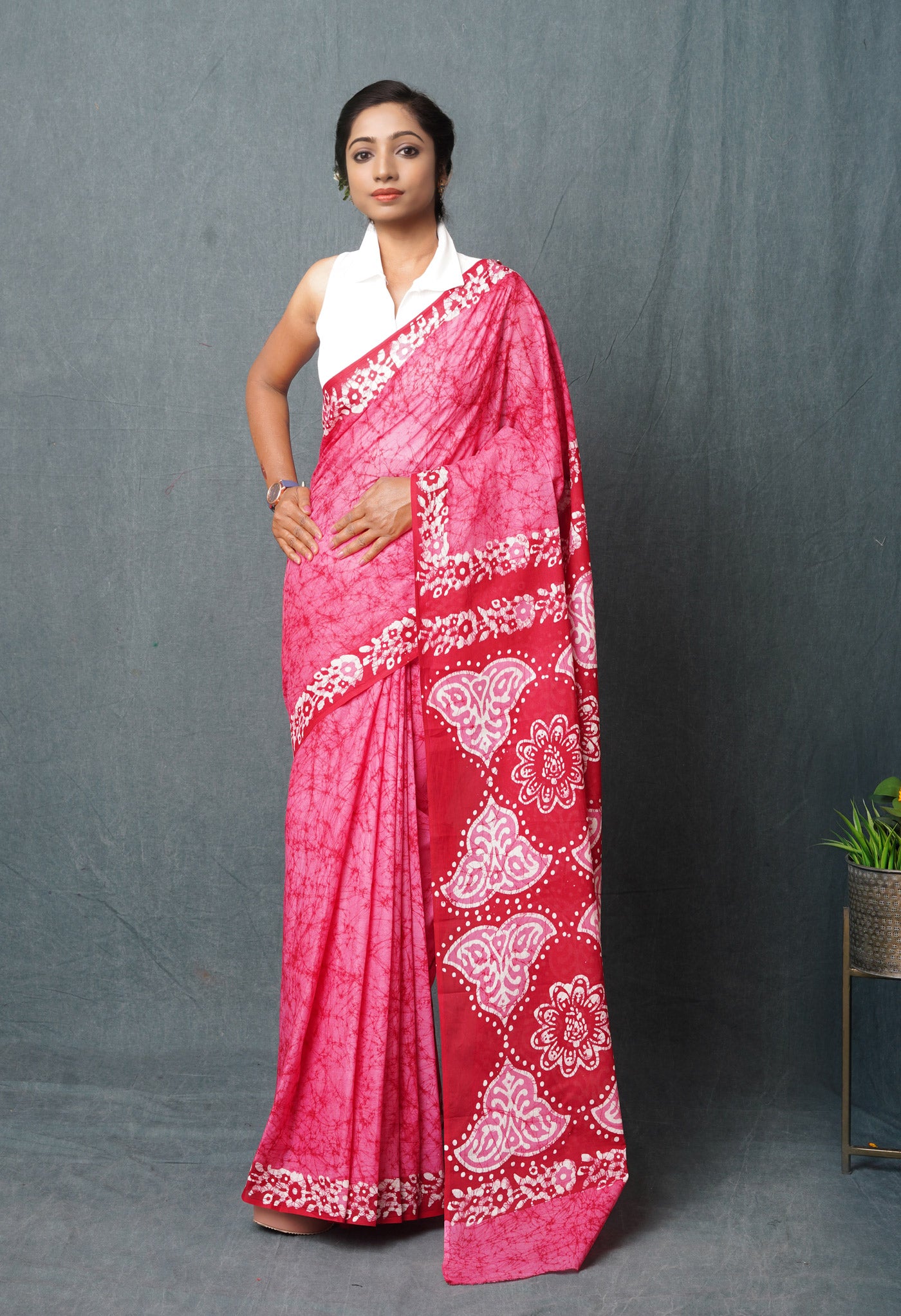 Pink-Red Pure  Wax Batik Hand Block Printed Superfine Mulmul Cotton Saree