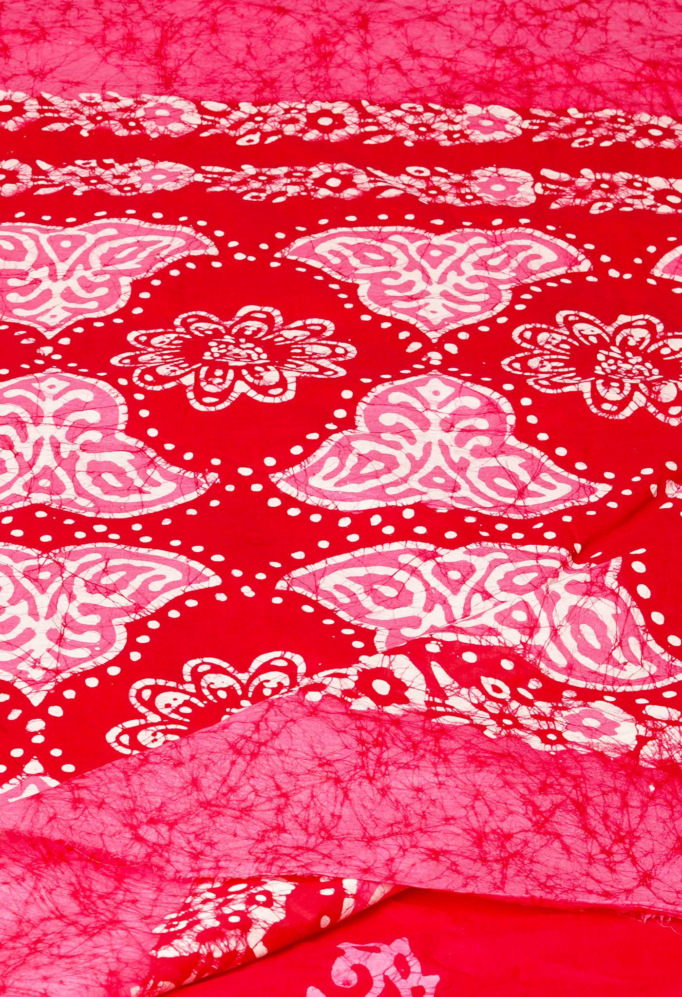 Pink-Red Pure  Wax Batik Hand Block Printed Superfine Mulmul Cotton Saree