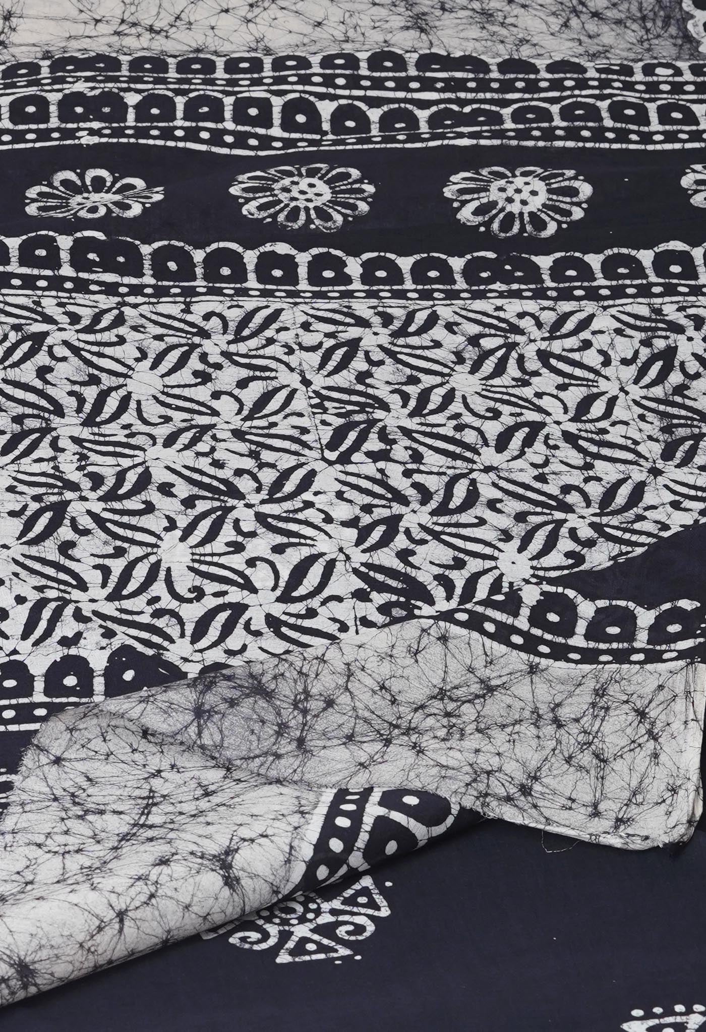 Ivory-Black Pure Wax Batik Hand Block Printed Superfine Mulmul Cotton Saree