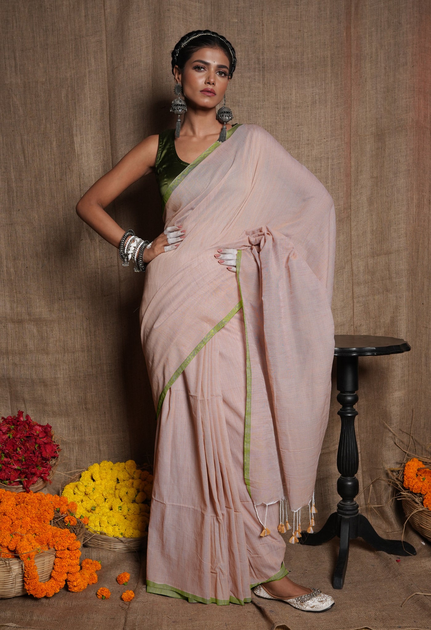 Elegant Teal Green Copper Handwoven Linen Saree With Lotus Design Pallu -  Loomfolks