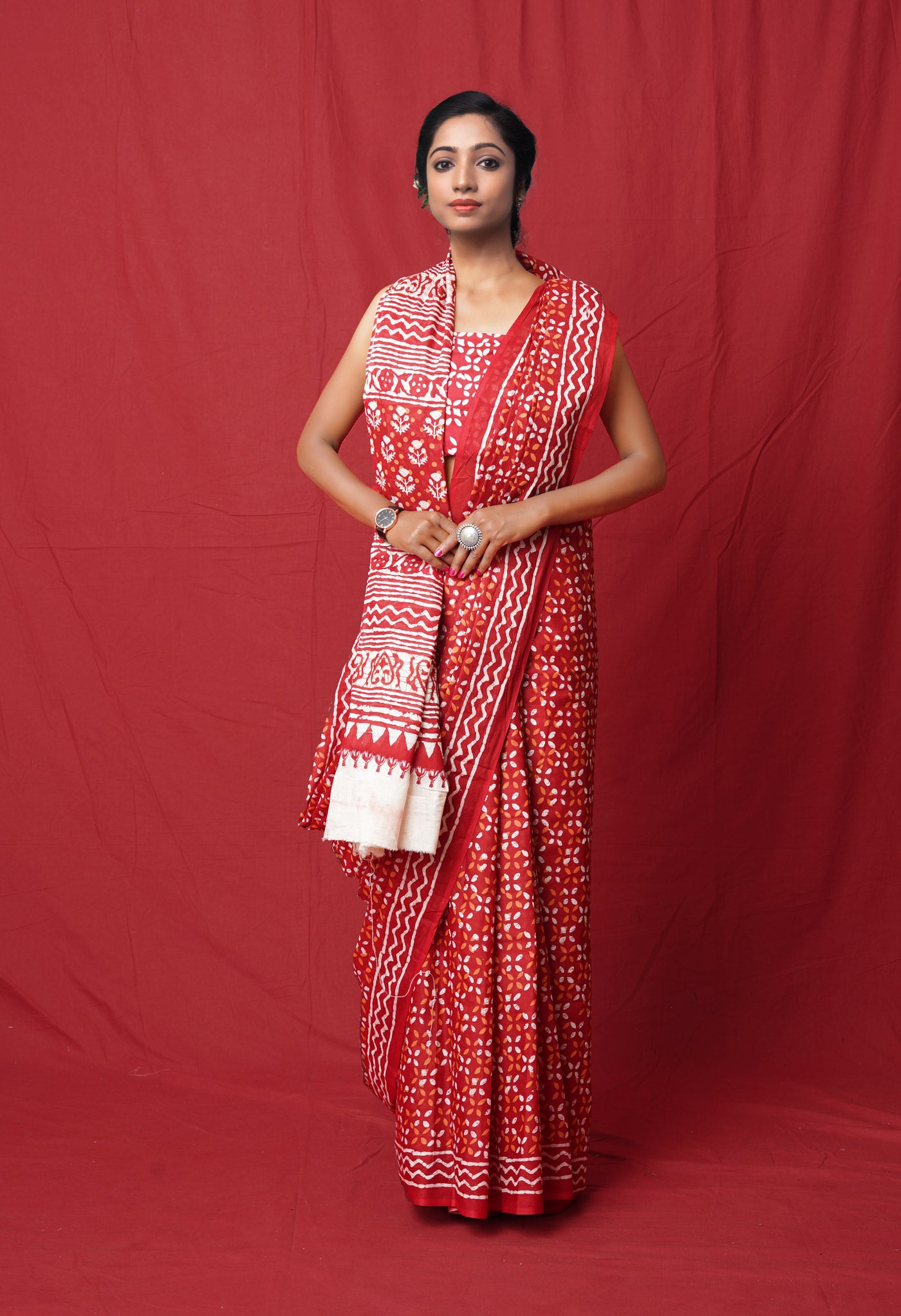 White-Red Pure  Block Printed Soft Cotton Saree-UNM75757