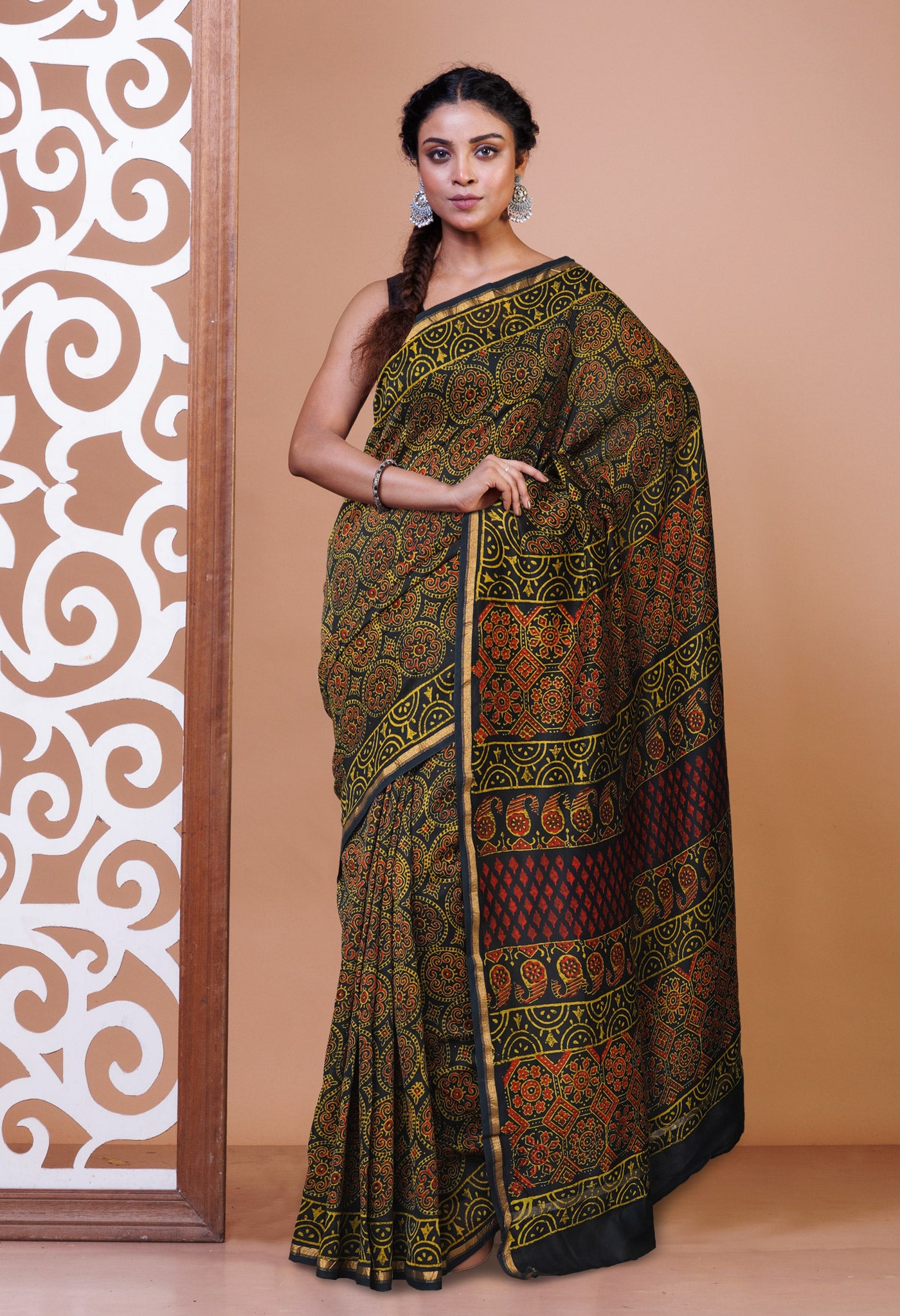 Green Pure  Napthol Hand Block Pinted Chanderi Cotton Saree-UNM75773