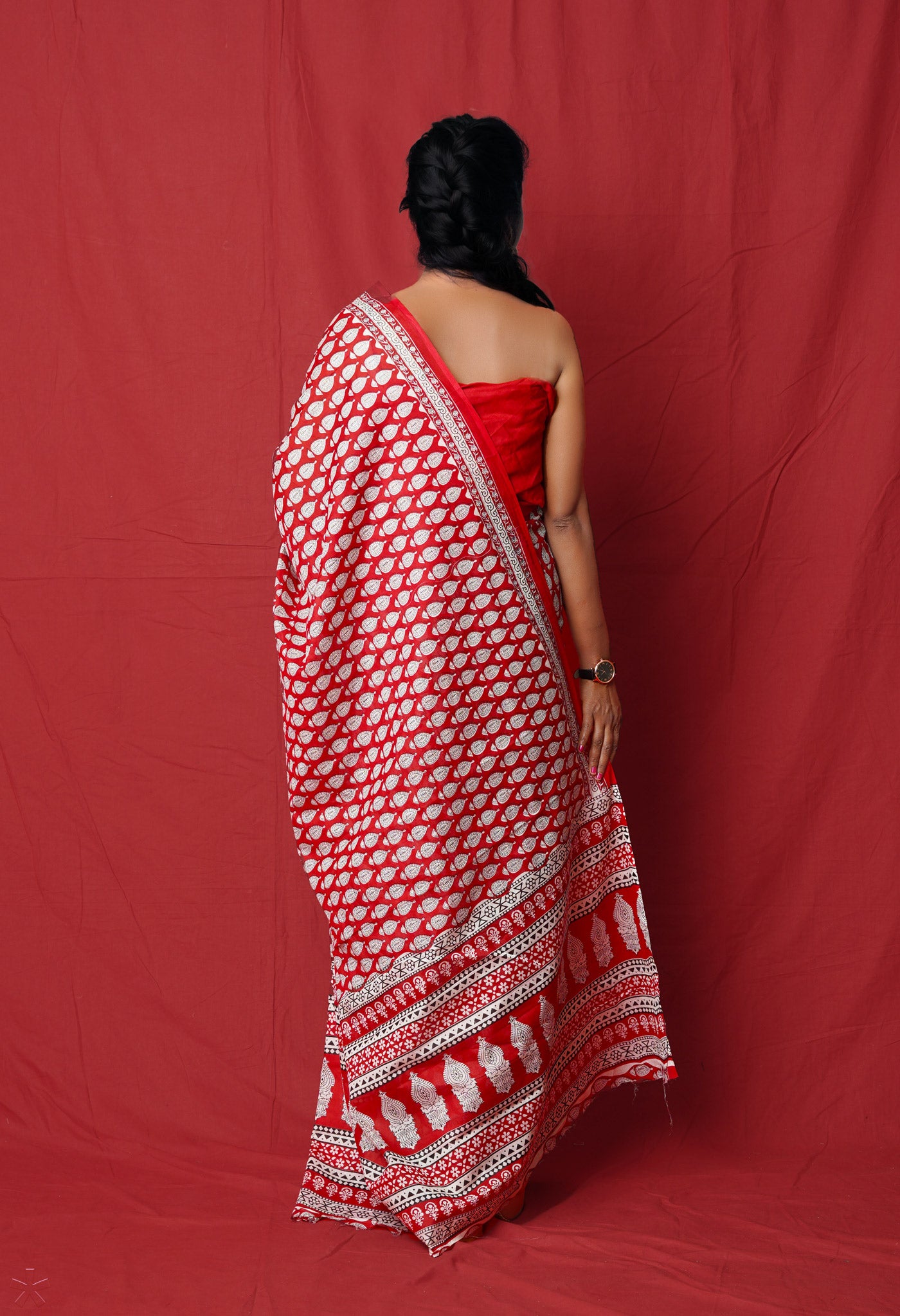 Red Pure  Block Printed Soft Cotton Saree