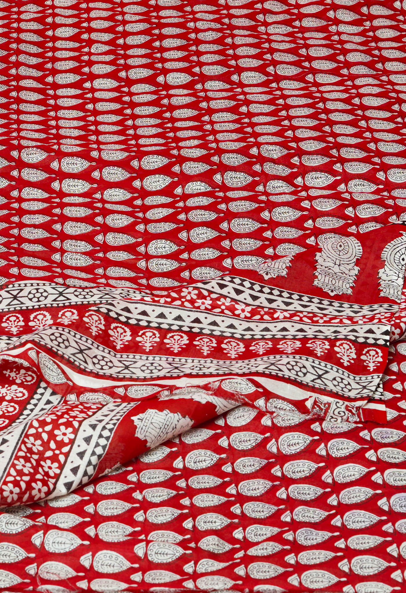 Red Pure  Block Printed Soft Cotton Saree