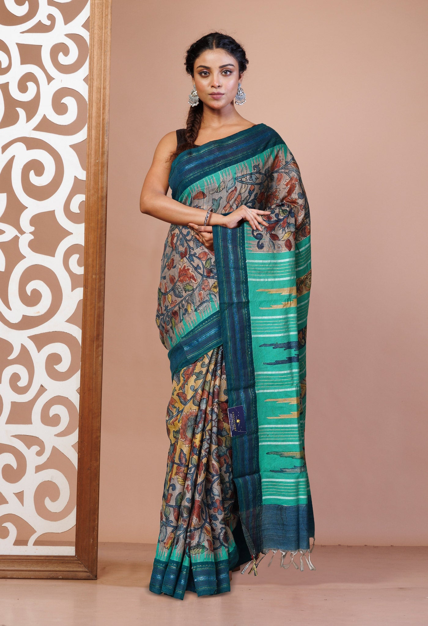 Multi Colored Kalamkari on Pure Handloom Tussar Silk Saree-UNM75808