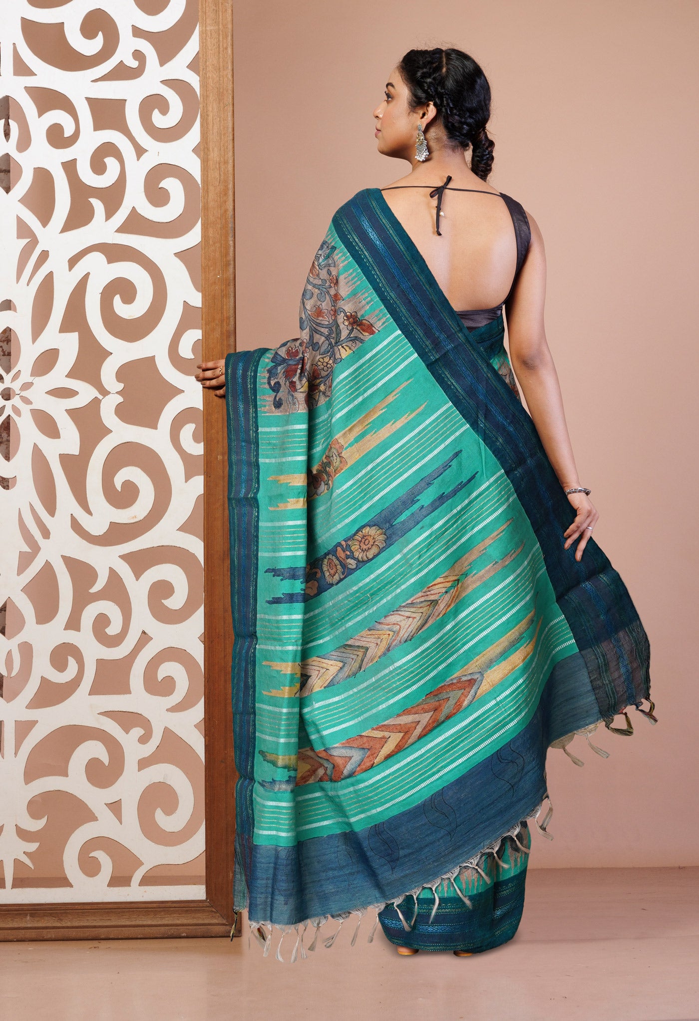 Multi Colored Kalamkari on Pure Handloom Tussar Silk Saree-UNM75808