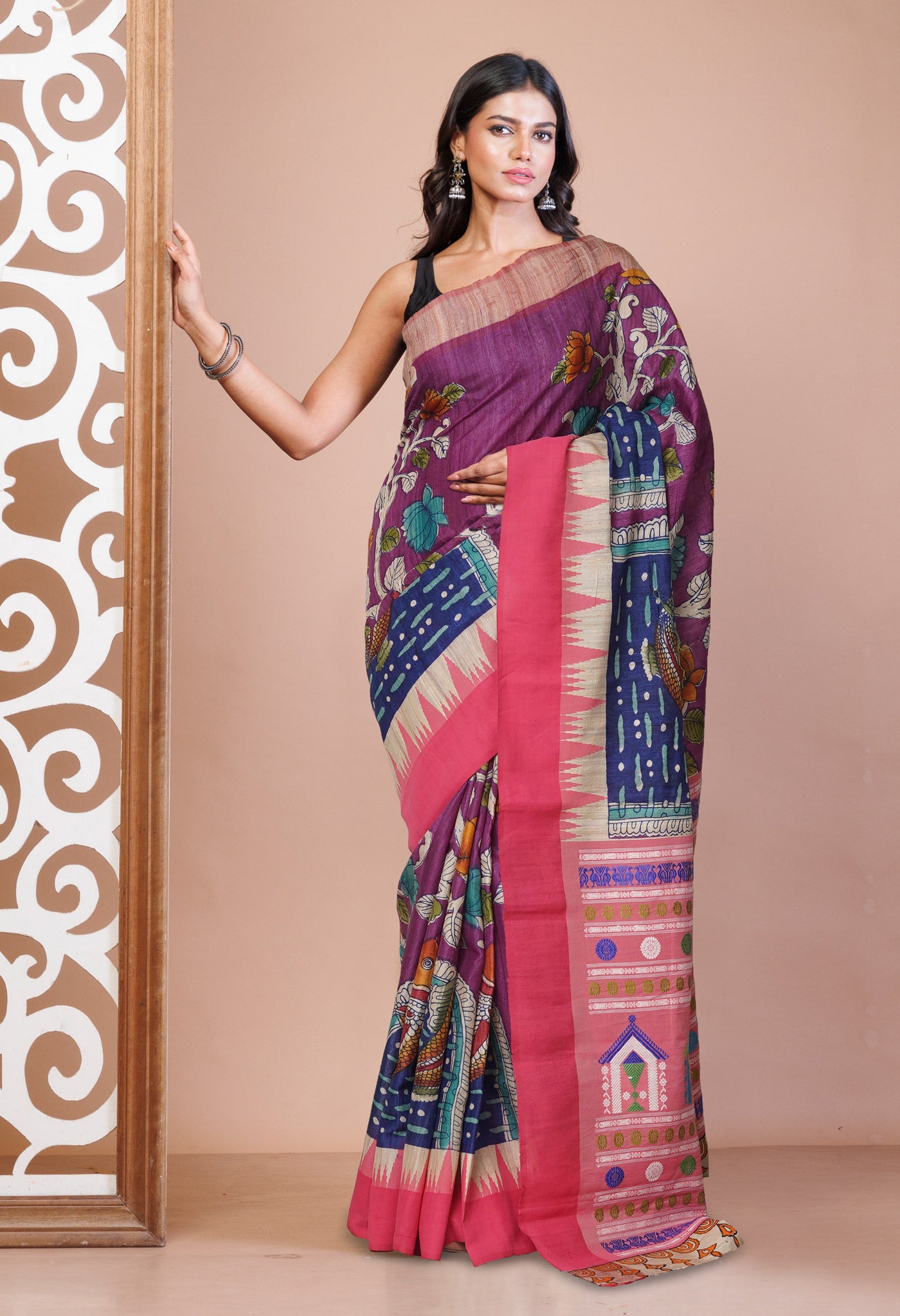 Purple Handpainted Kalamkari on Pure Handloom Tussar Silk Saree-UNM75814