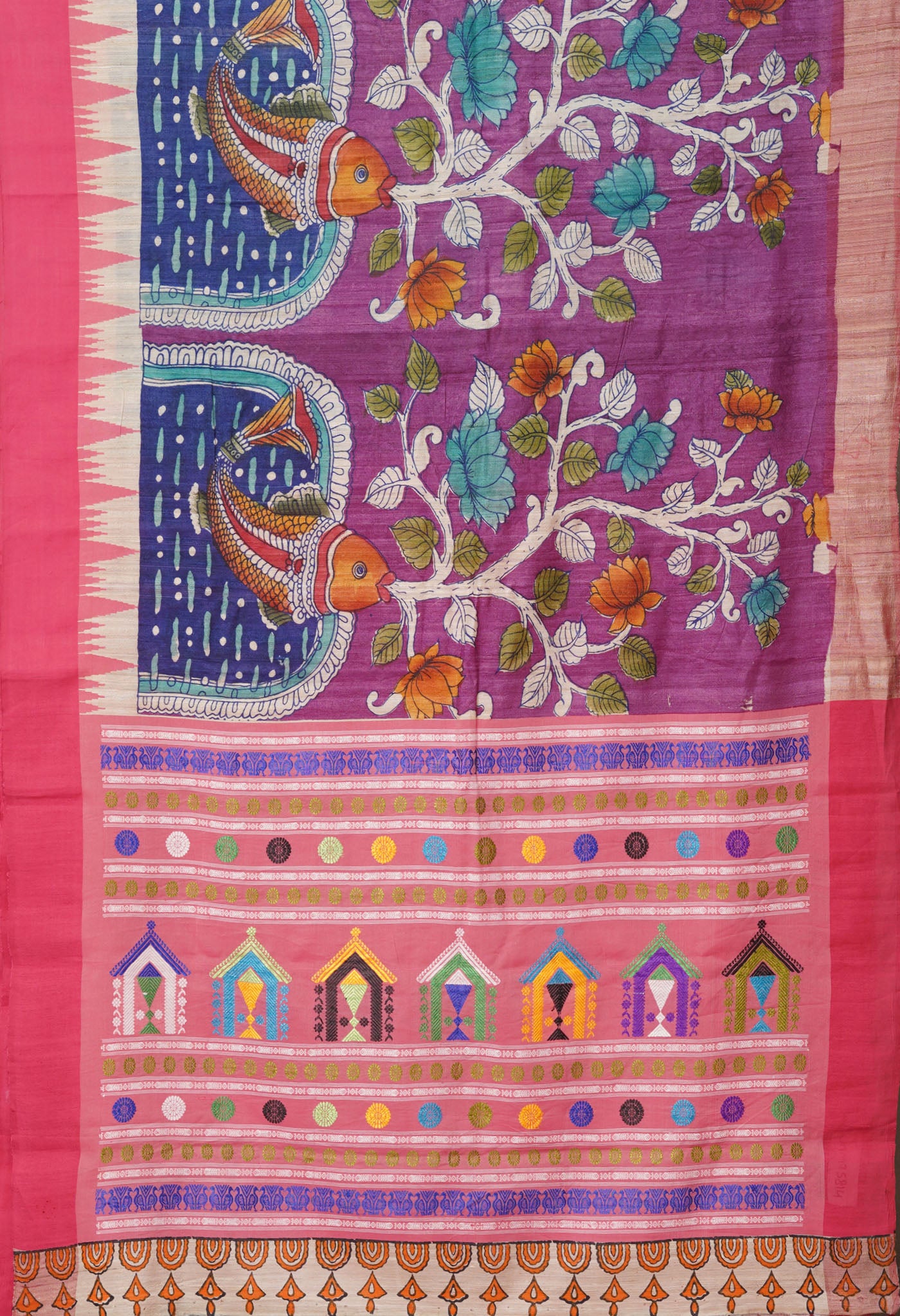 Purple Handpainted Kalamkari on Pure Handloom Tussar Silk Saree-UNM75814