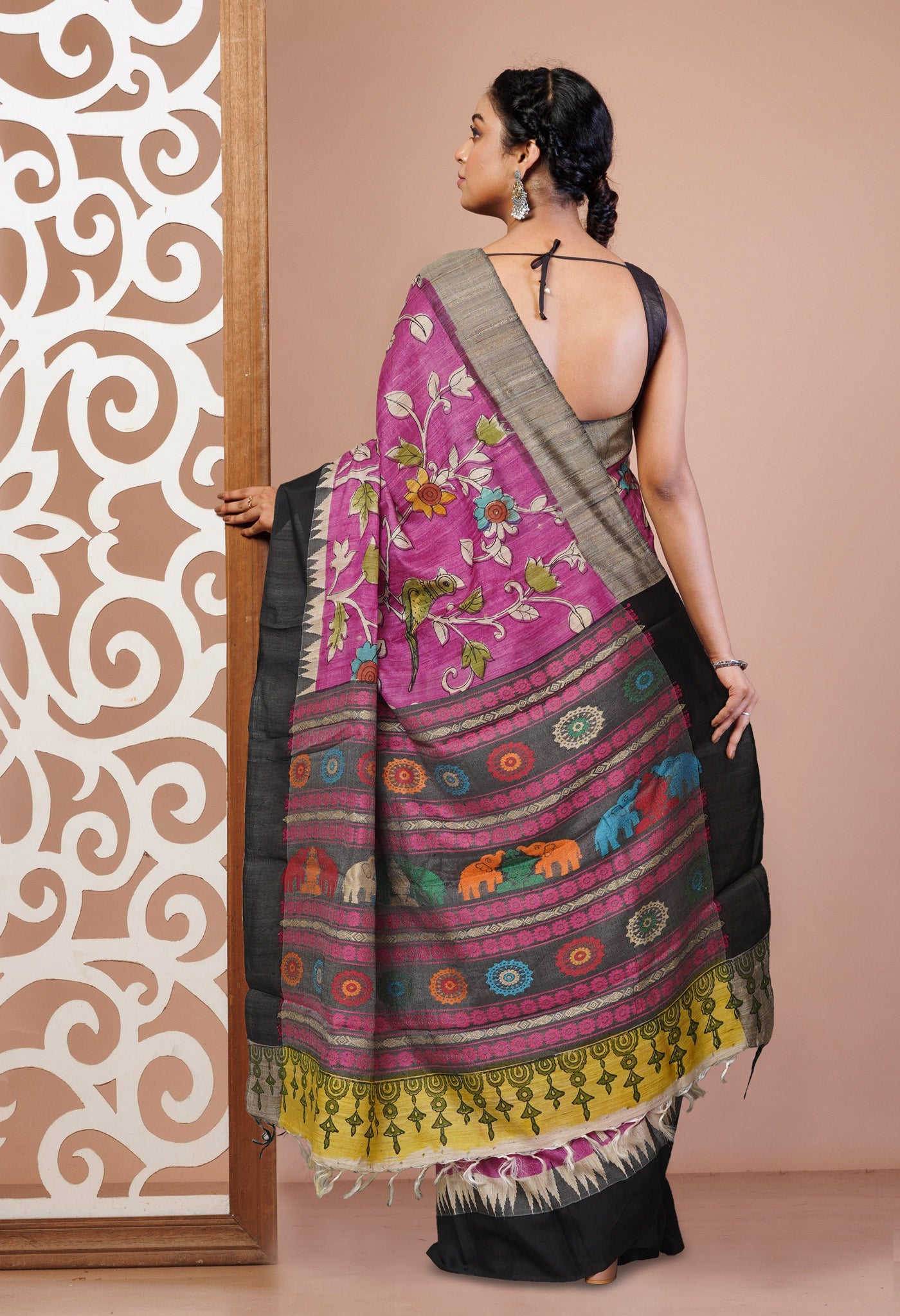 Pink Handpainted Kalamkari on Pure Handloom Tussar Silk SareeUNM75826