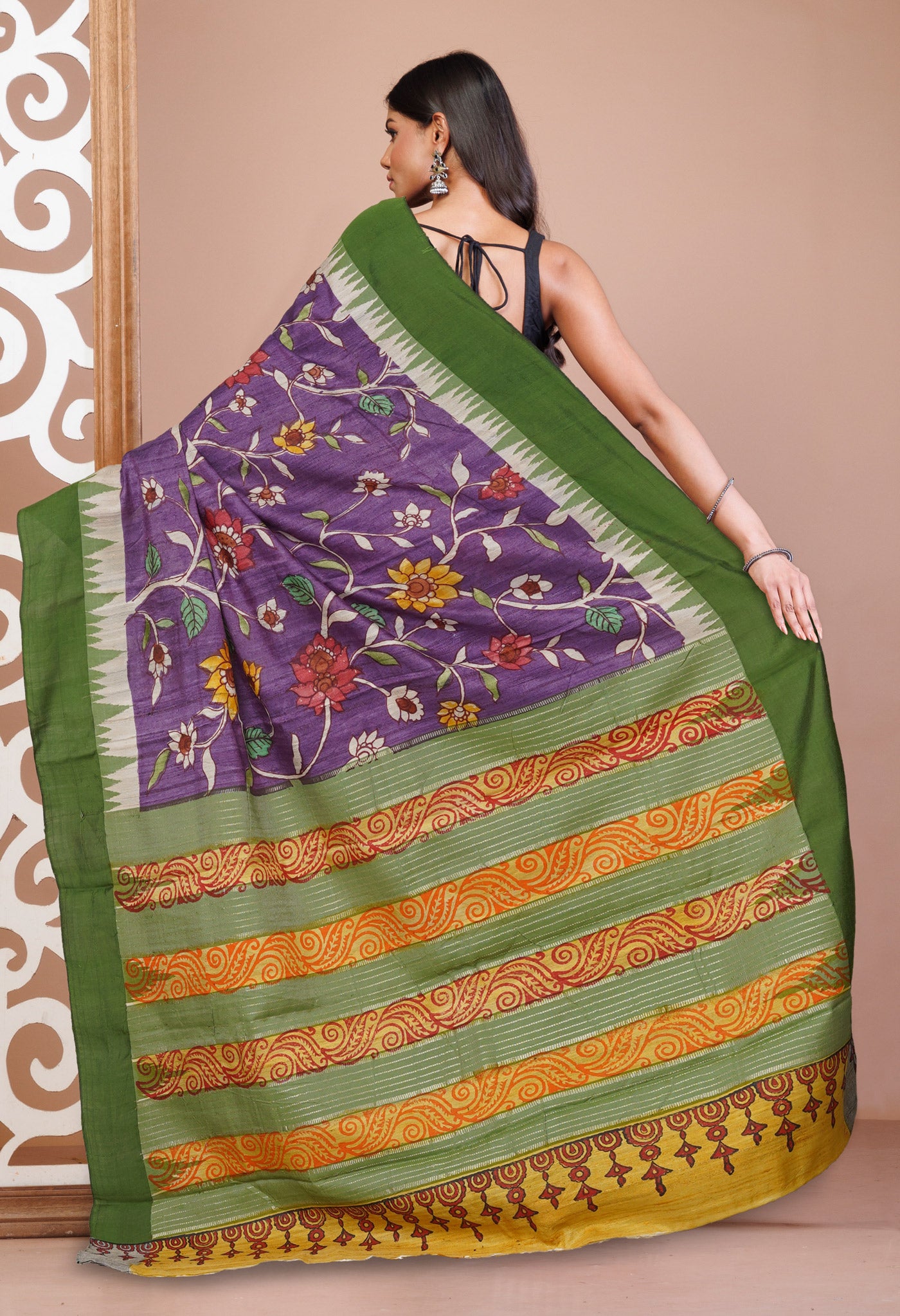 Purple Handpainted Kalamkari on Pure Handloom Tussar Silk Saree-UNM75827