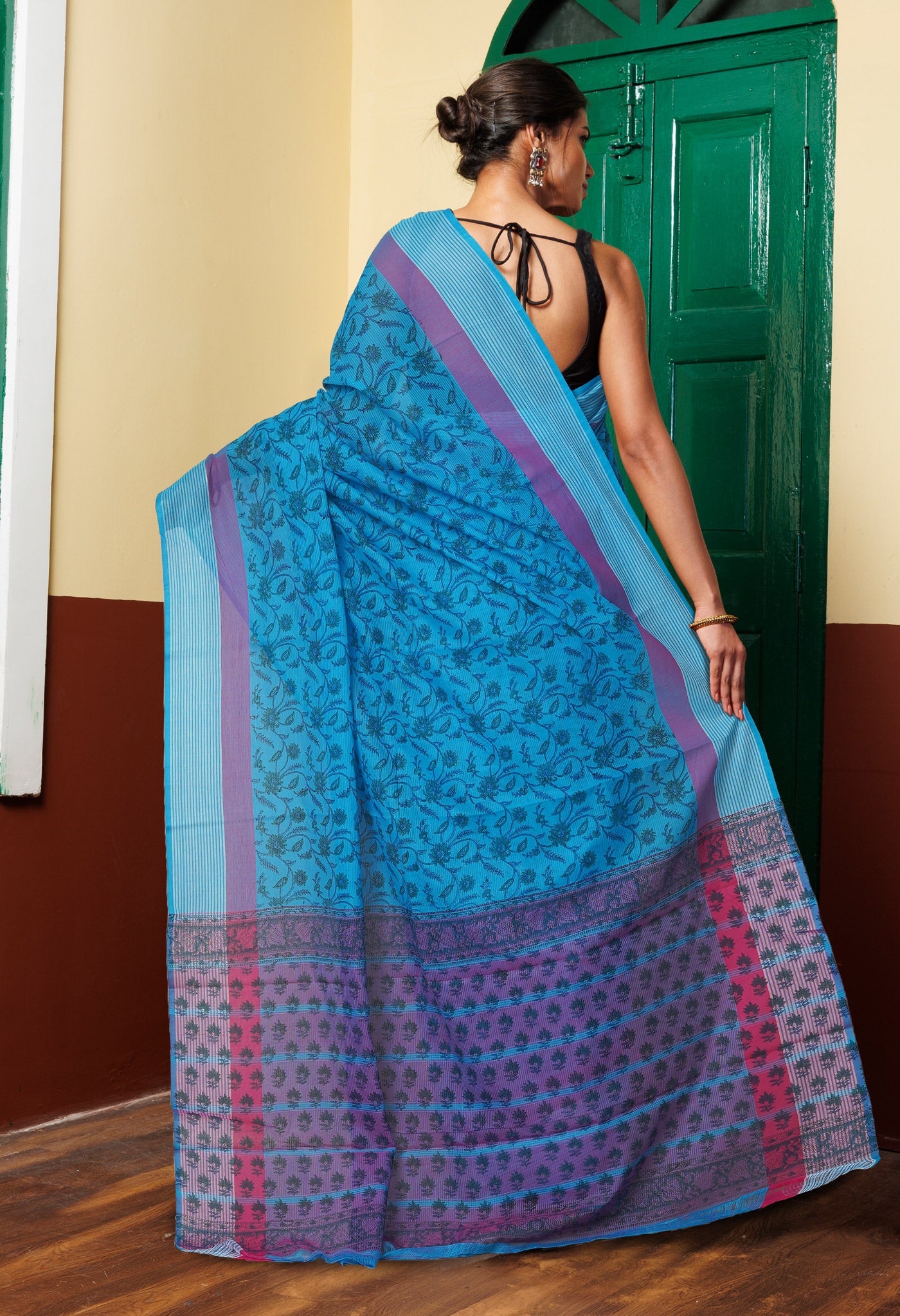 Blue Pure  Block Printed Mangalgiri Cotton Saree-UNM75879