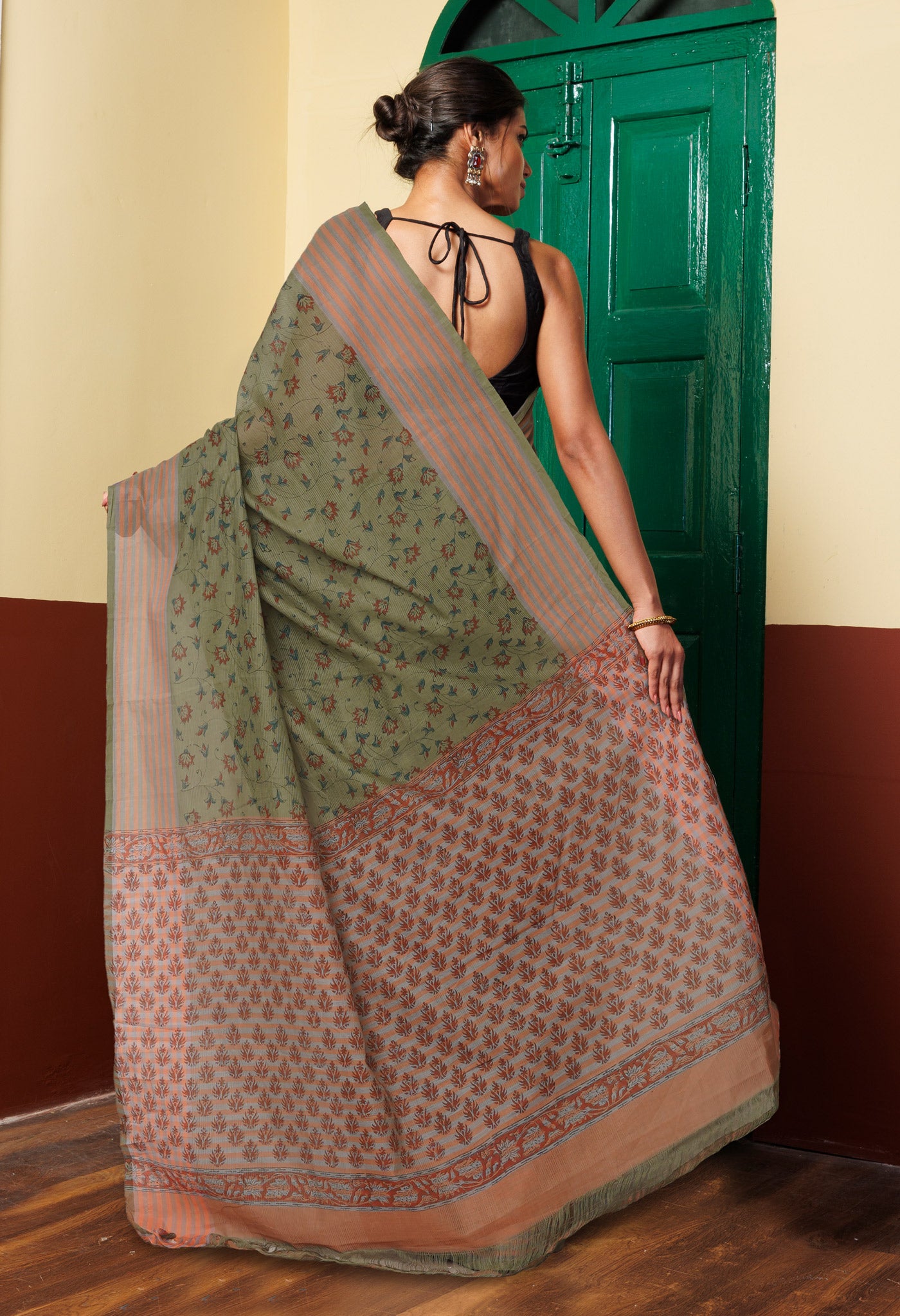 Green Pure  Block Printed Mangalgiri Cotton Saree-unm75916