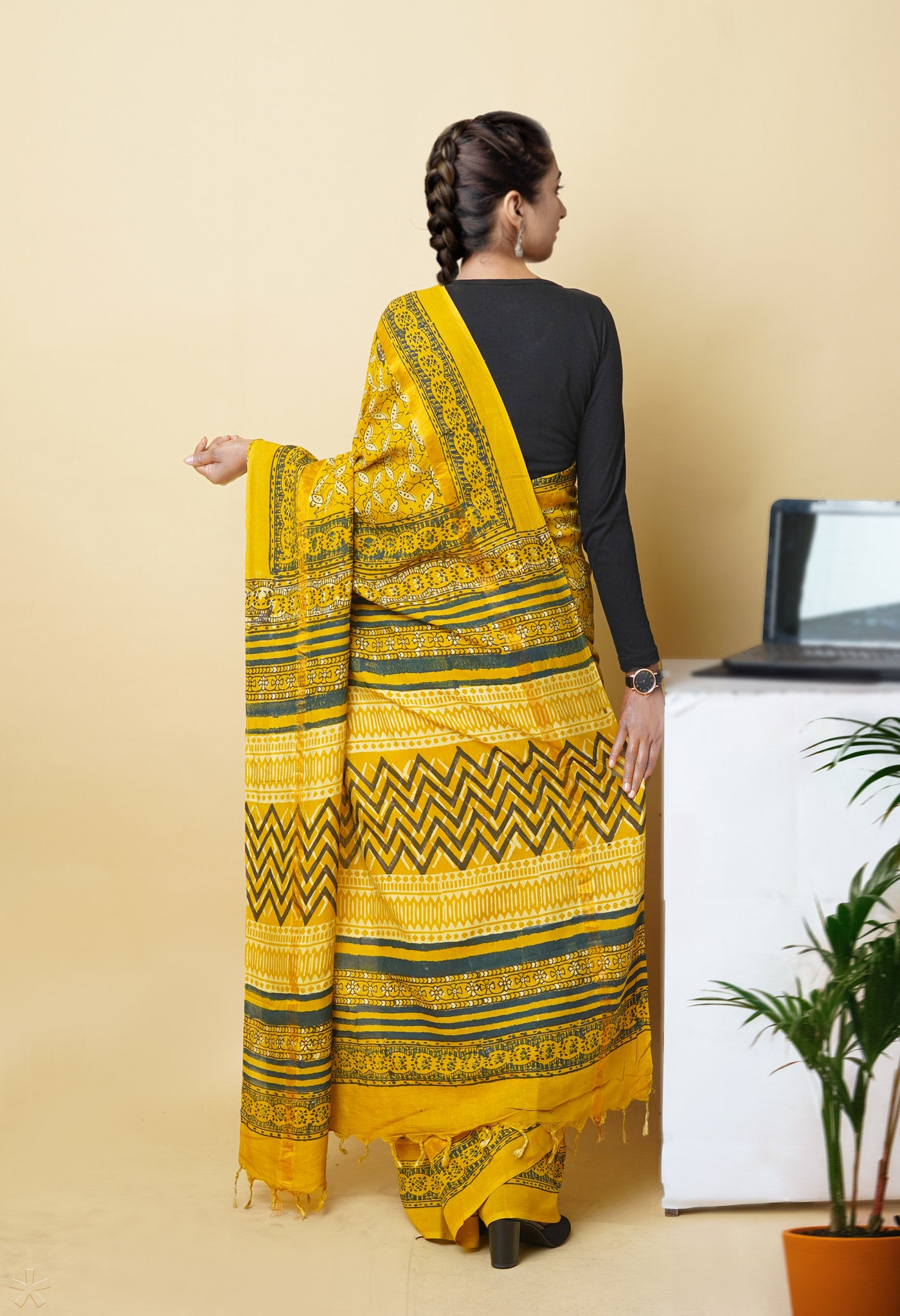 Yellow Pure  Hand Block Ajrakh Printed Soft Silk Saree