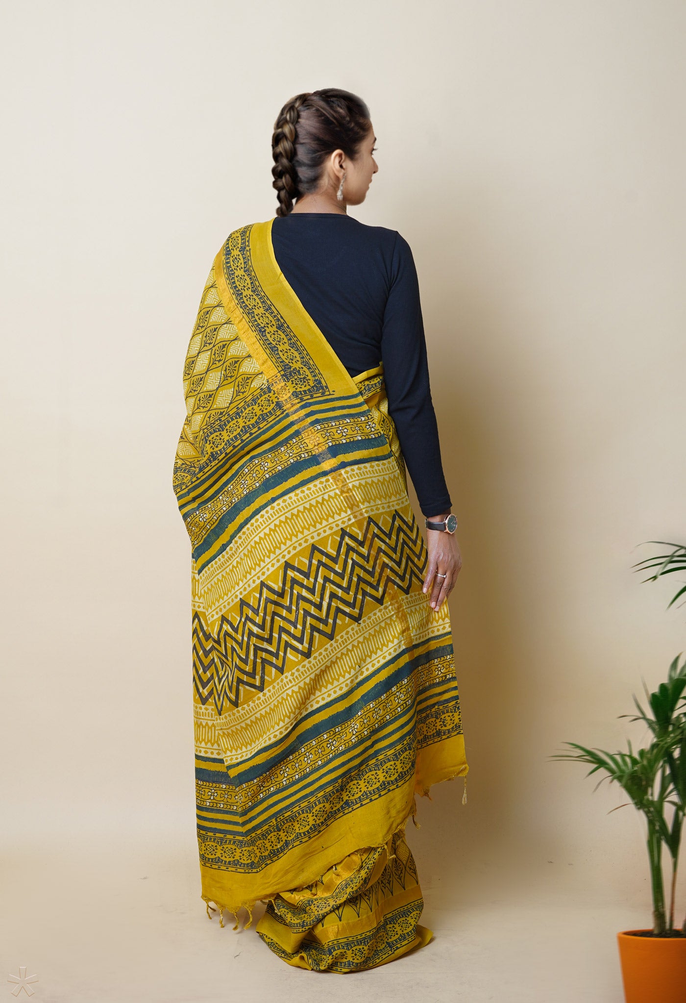 Yellow Pure  Hand Block Ajrakh Printed Soft Silk Saree