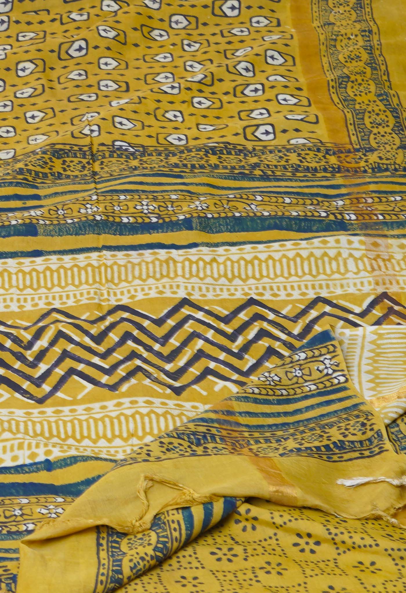 Yellow Pure  Hand Block Ajrakh Printed Soft Silk Saree