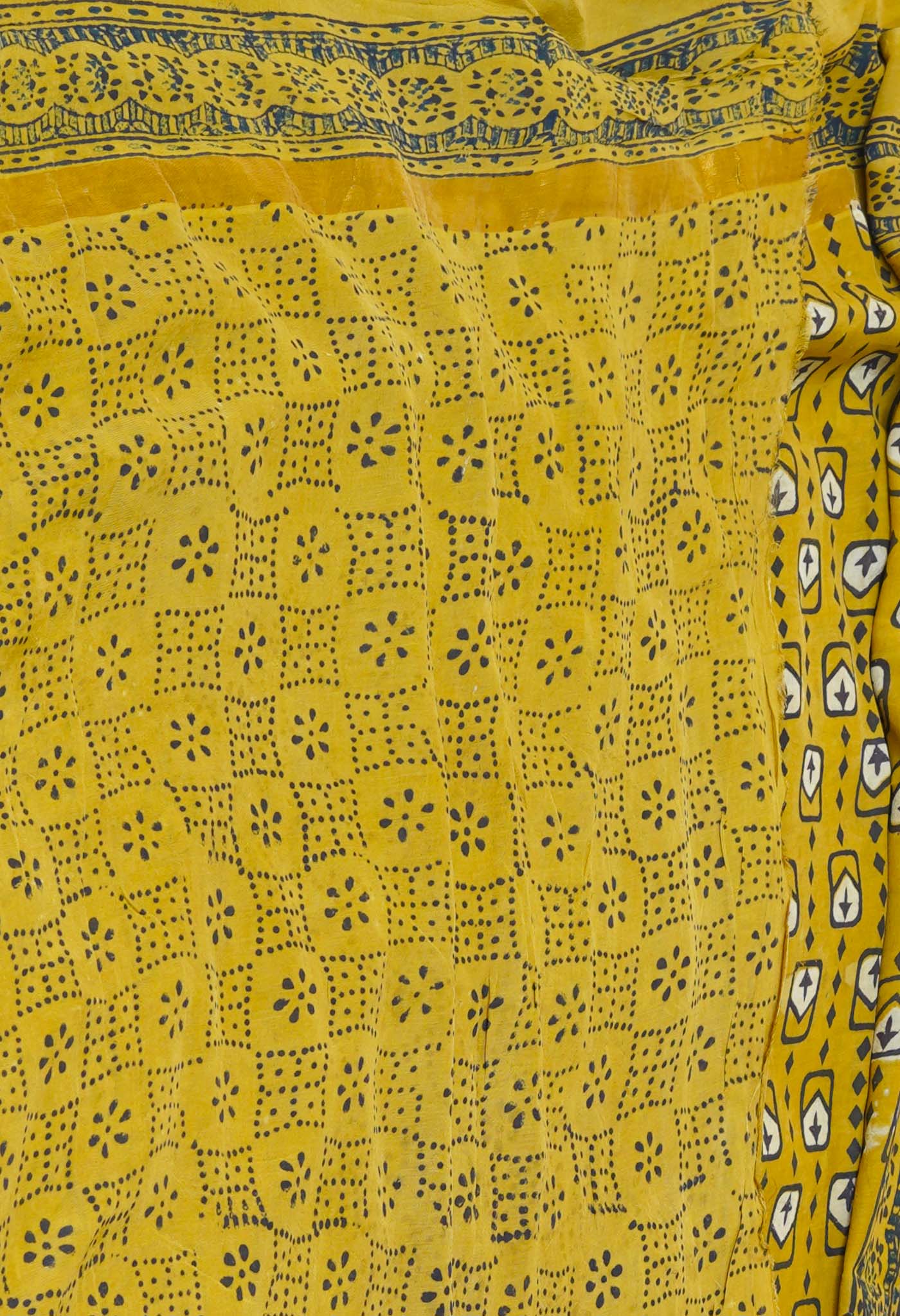 Yellow Pure  Hand Block Ajrakh Printed Soft Silk Saree