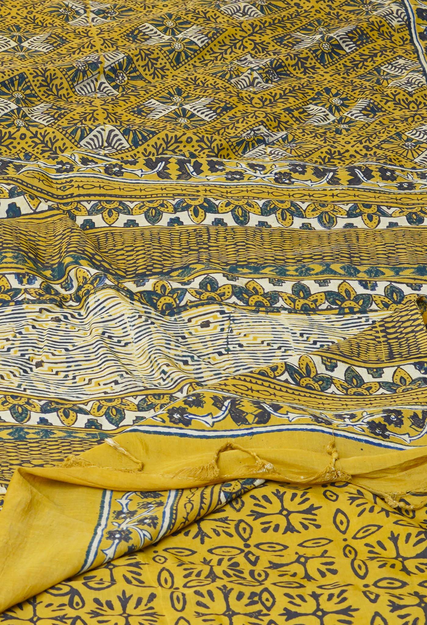 Yellow Pure  Hand Block Ajrakh Printed Soft Silk Saree