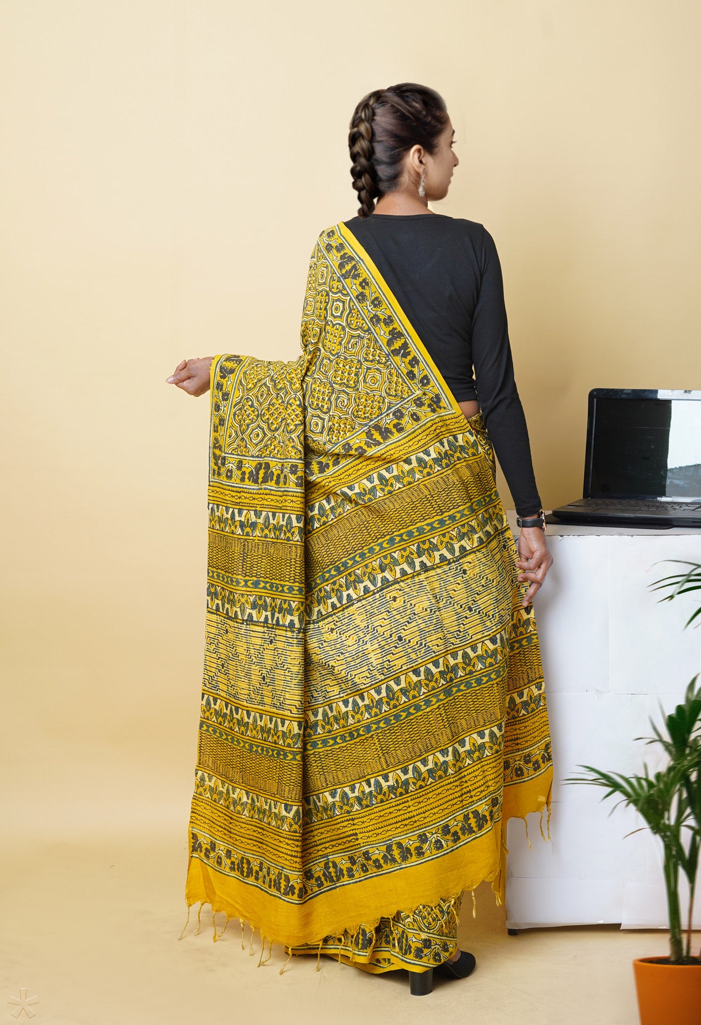 Yellow Pure  Hand Block Ajrakh Printed Soft Silk Saree