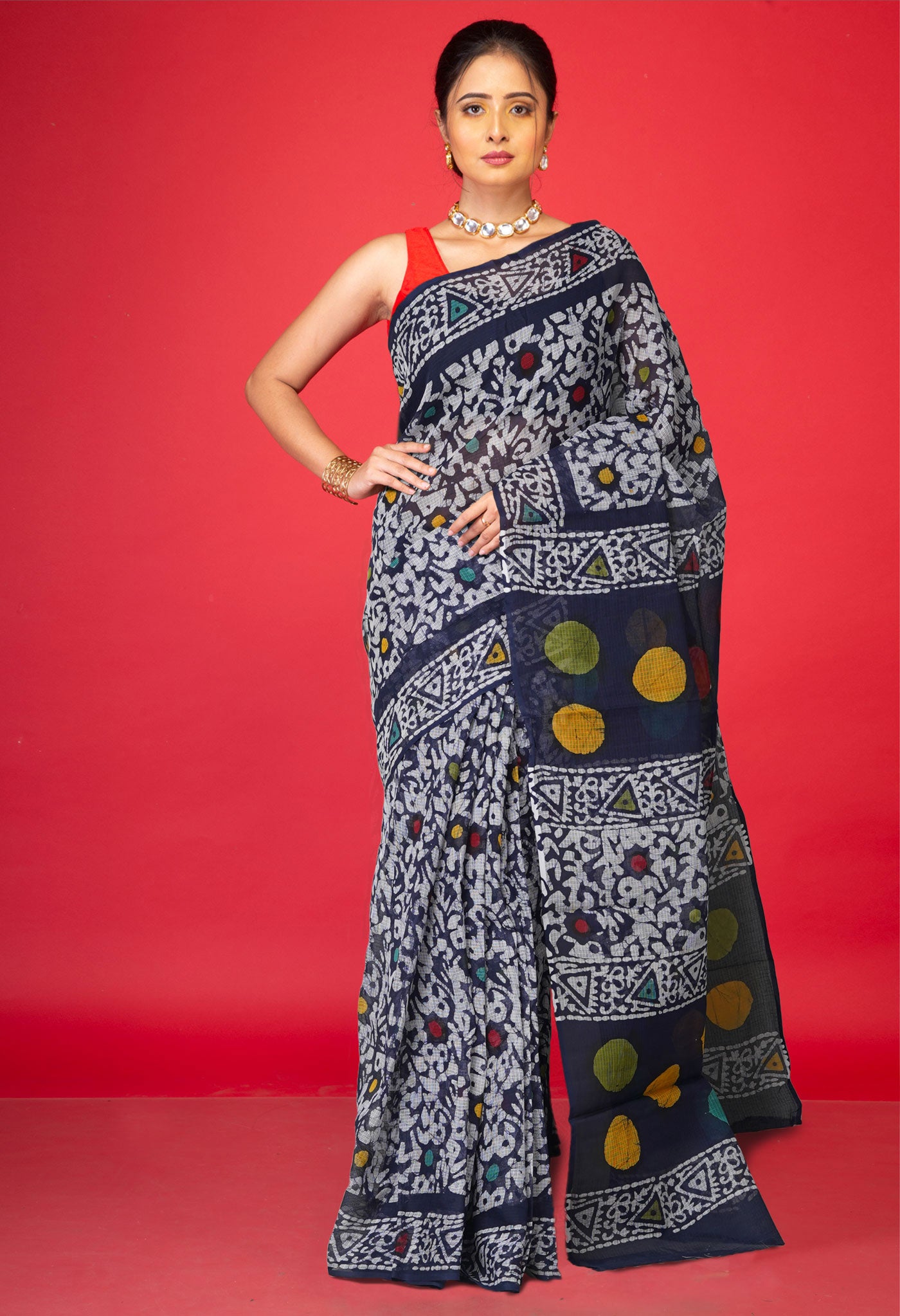 Navy Blue Pure  Batik Printed Kota Saree-UNM75994