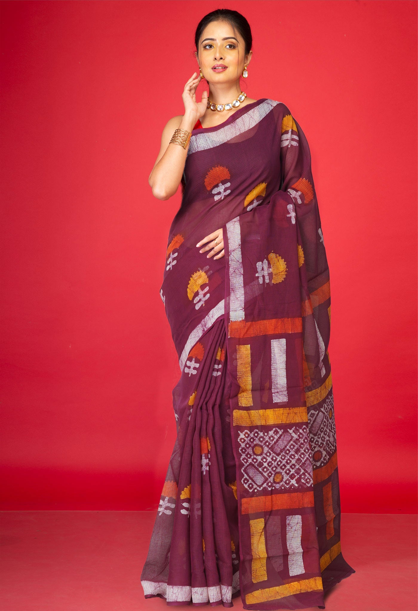 Maroon Pure  Batik Printed Kota Saree-UNM75997