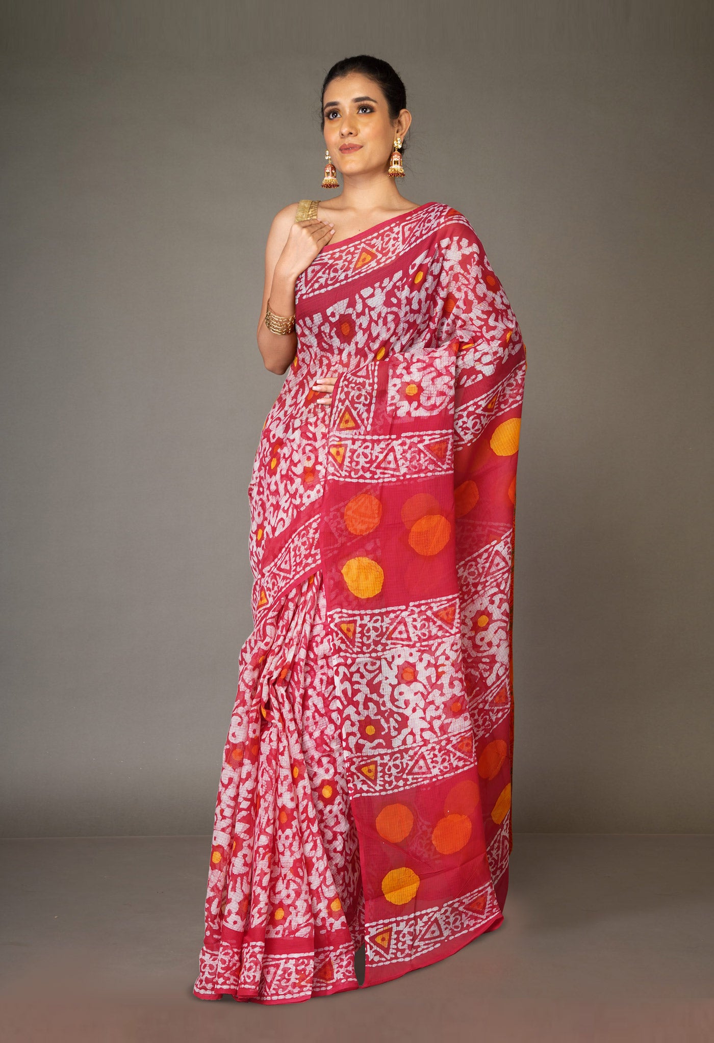 Red Pure  Batik Printed Kota Saree-UNM76001