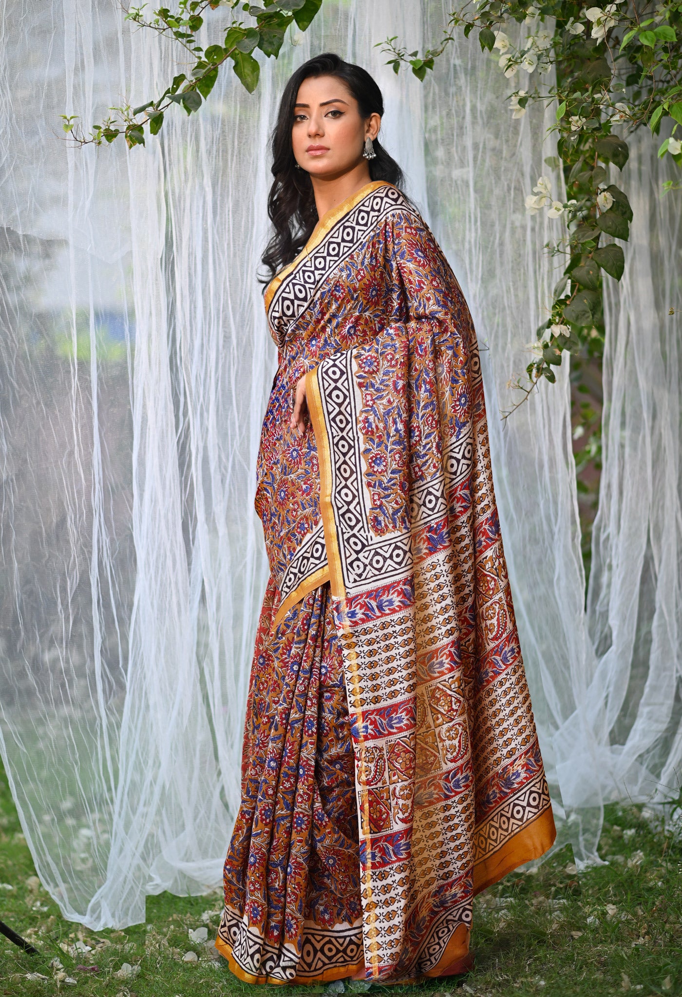 Brown Pure  Block Printed Chanderi Sico Saree-UNM76003