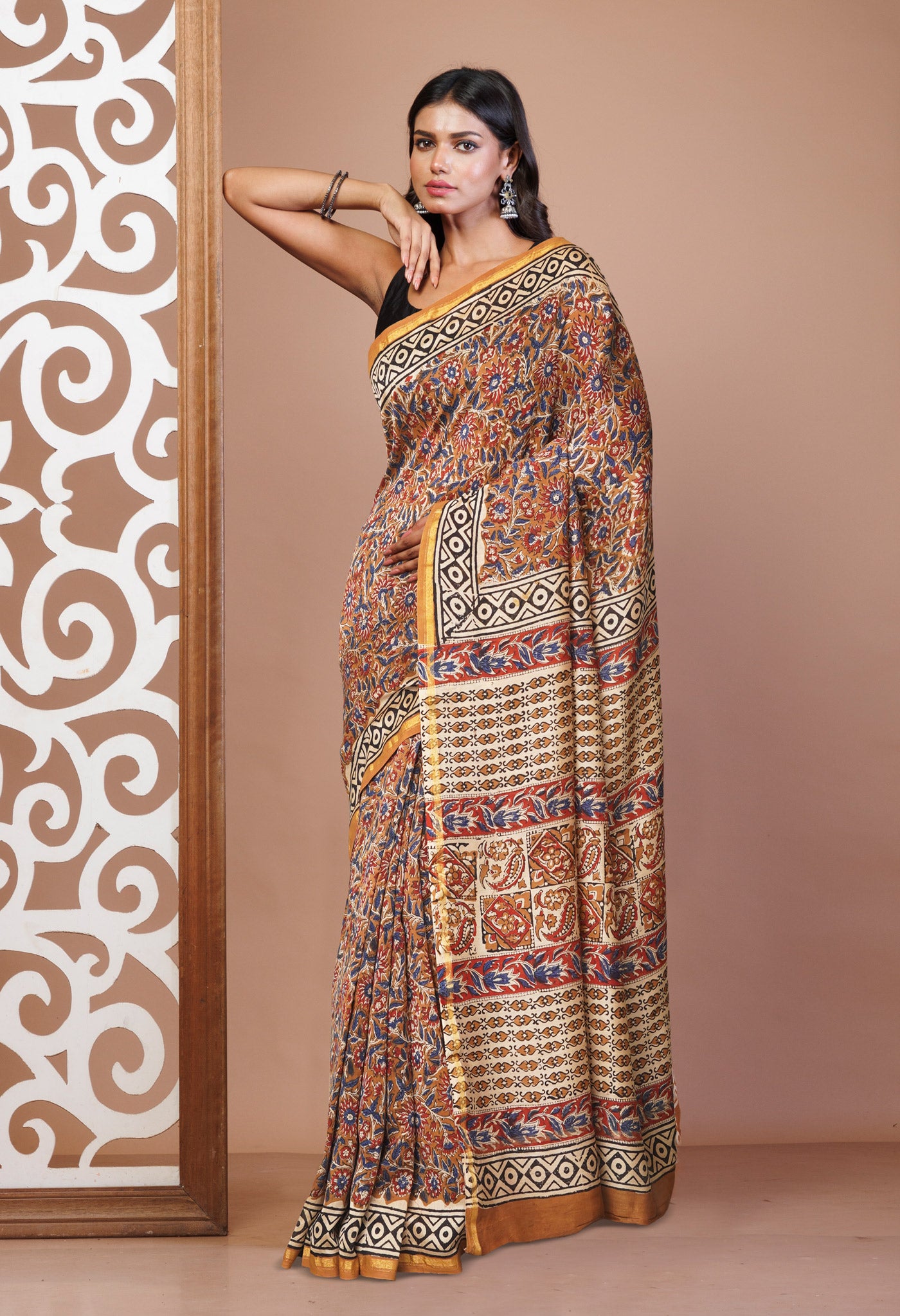 Brown Pure  Block Printed Chanderi Sico Saree-UNM76003