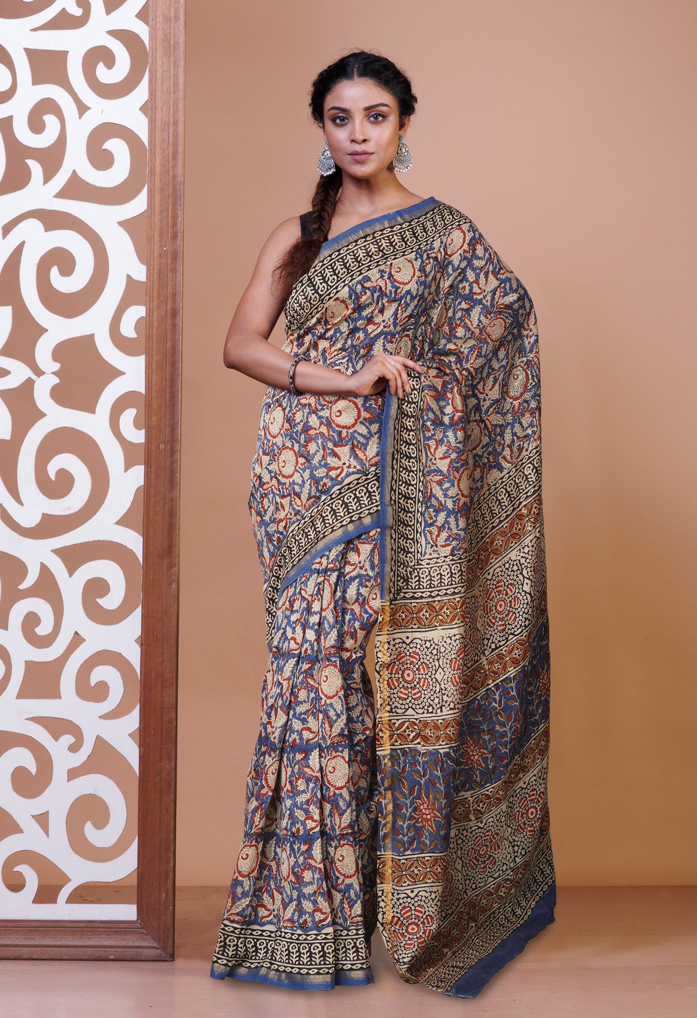 Blue Pure  Block Printed Chanderi Sico Saree-UNM76004