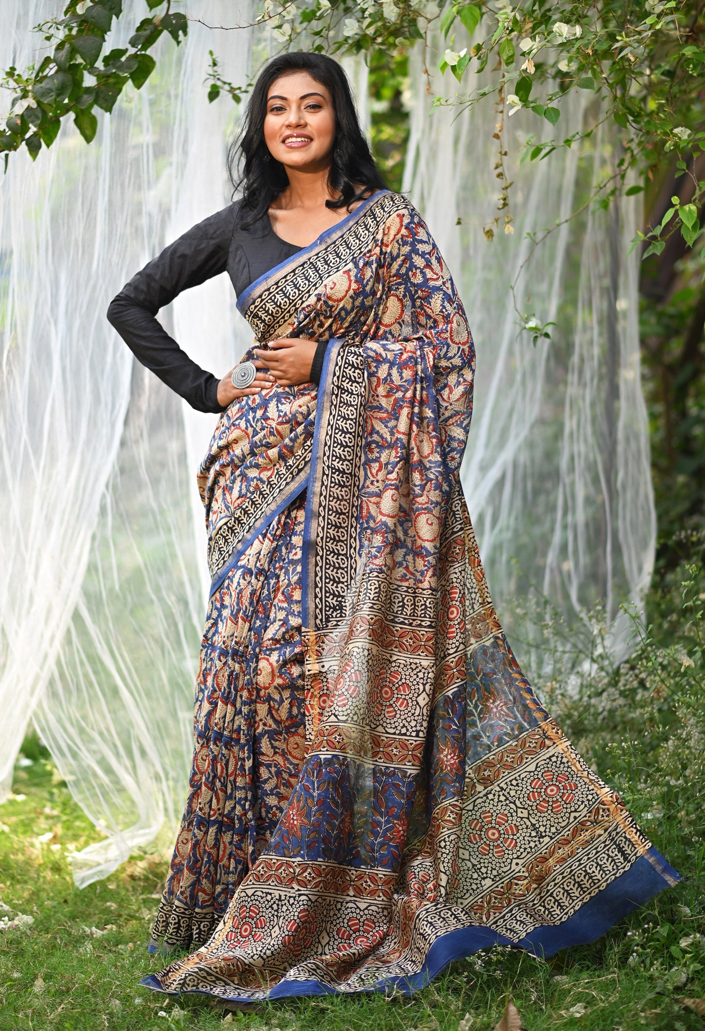 Blue Pure  Block Printed Chanderi Sico Saree-UNM76004