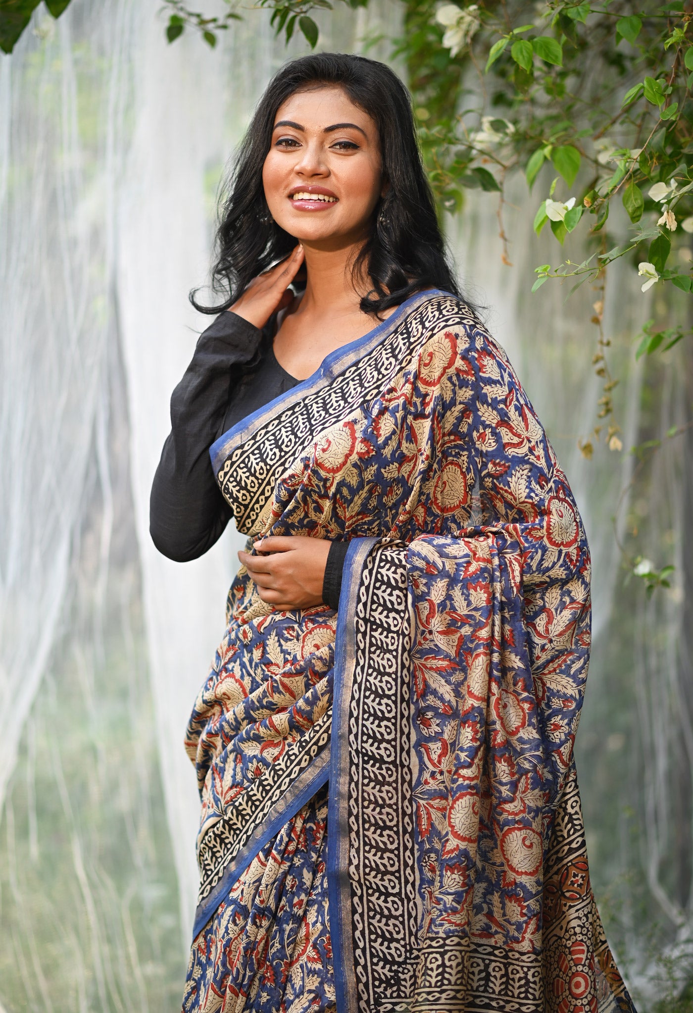 Blue Pure  Block Printed Chanderi Sico Saree-UNM76004