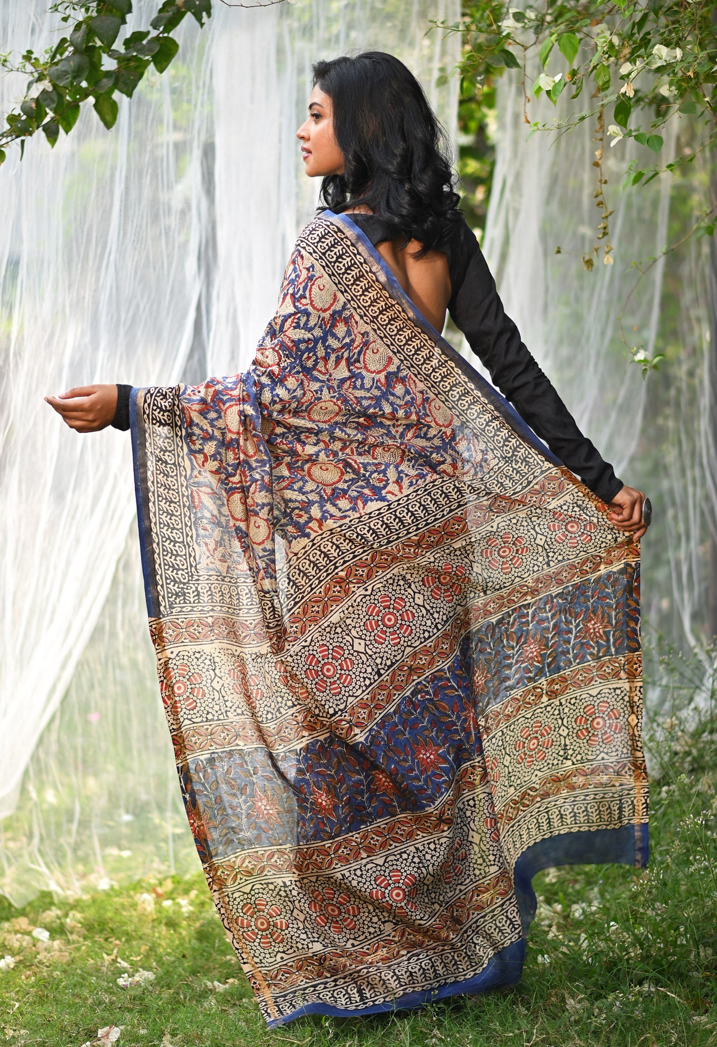 Blue Pure  Block Printed Chanderi Sico Saree-UNM76004