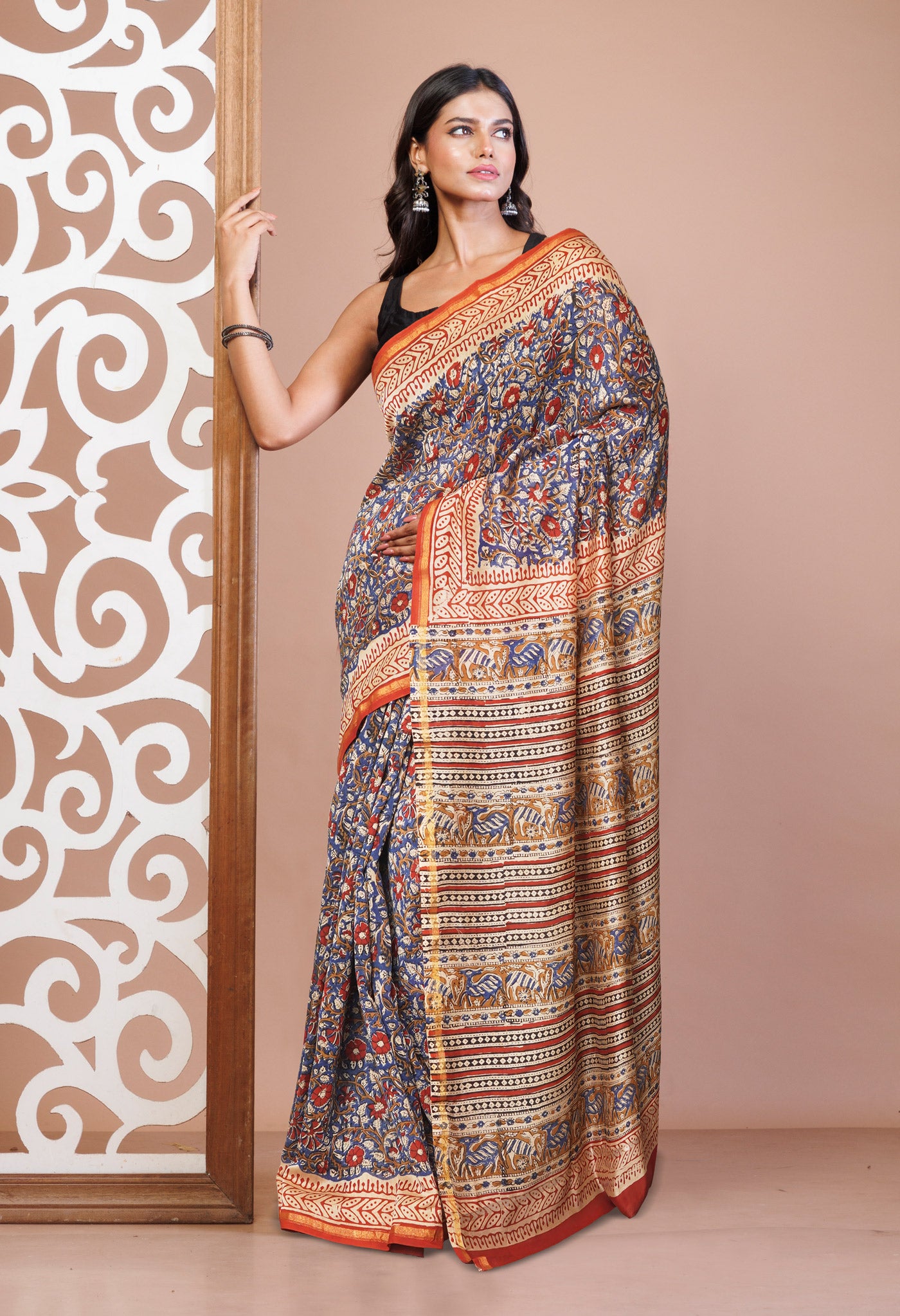 Blue Pure  Block Printed Chanderi Sico Saree-UNM76007