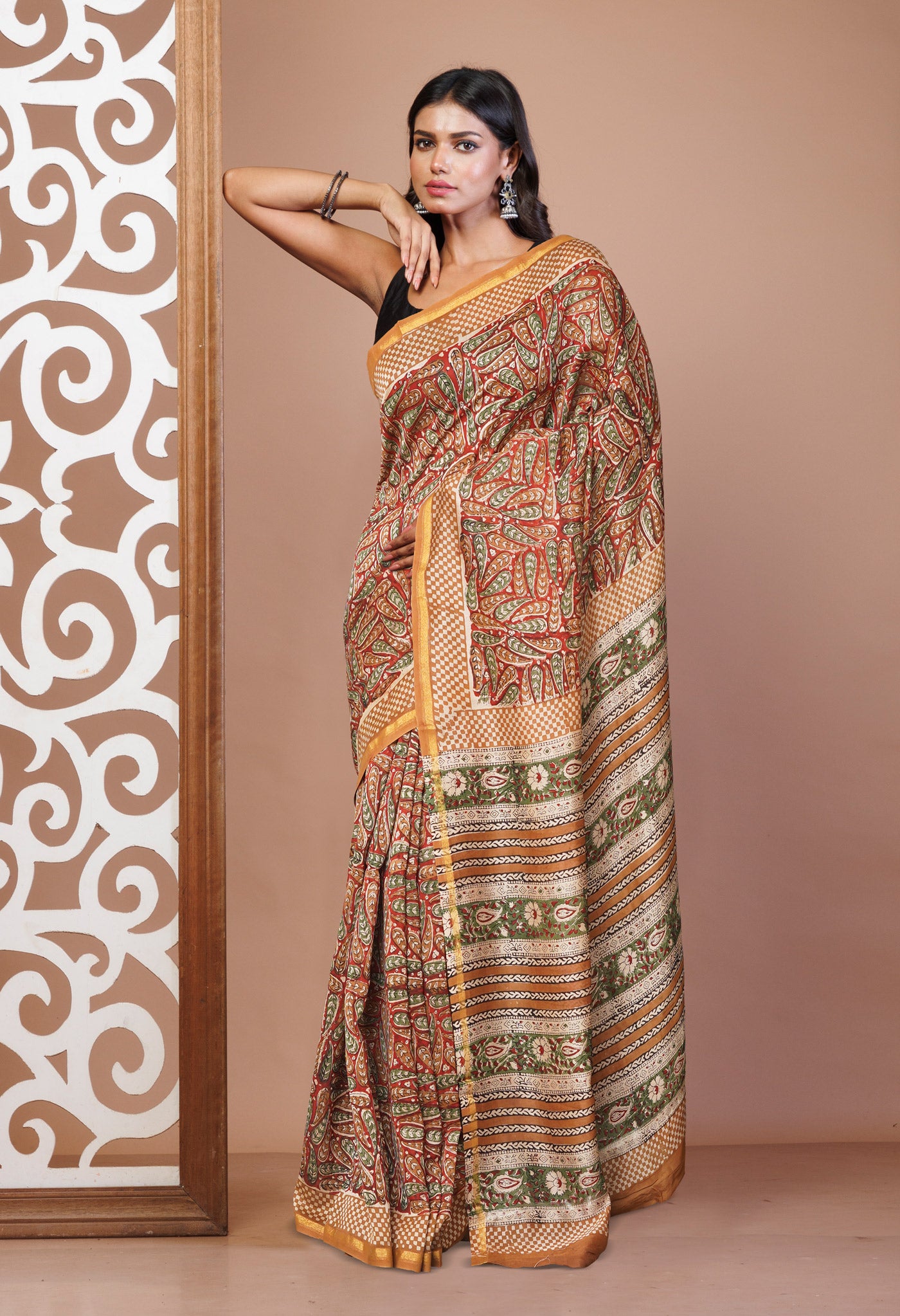 Red Pure  Block Printed Chanderi Sico Saree-UNM76008