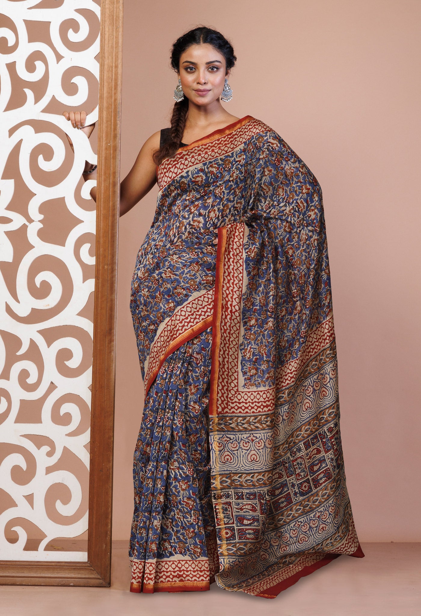 Blue Pure  Block Printed Chanderi Sico Saree-UNM76009