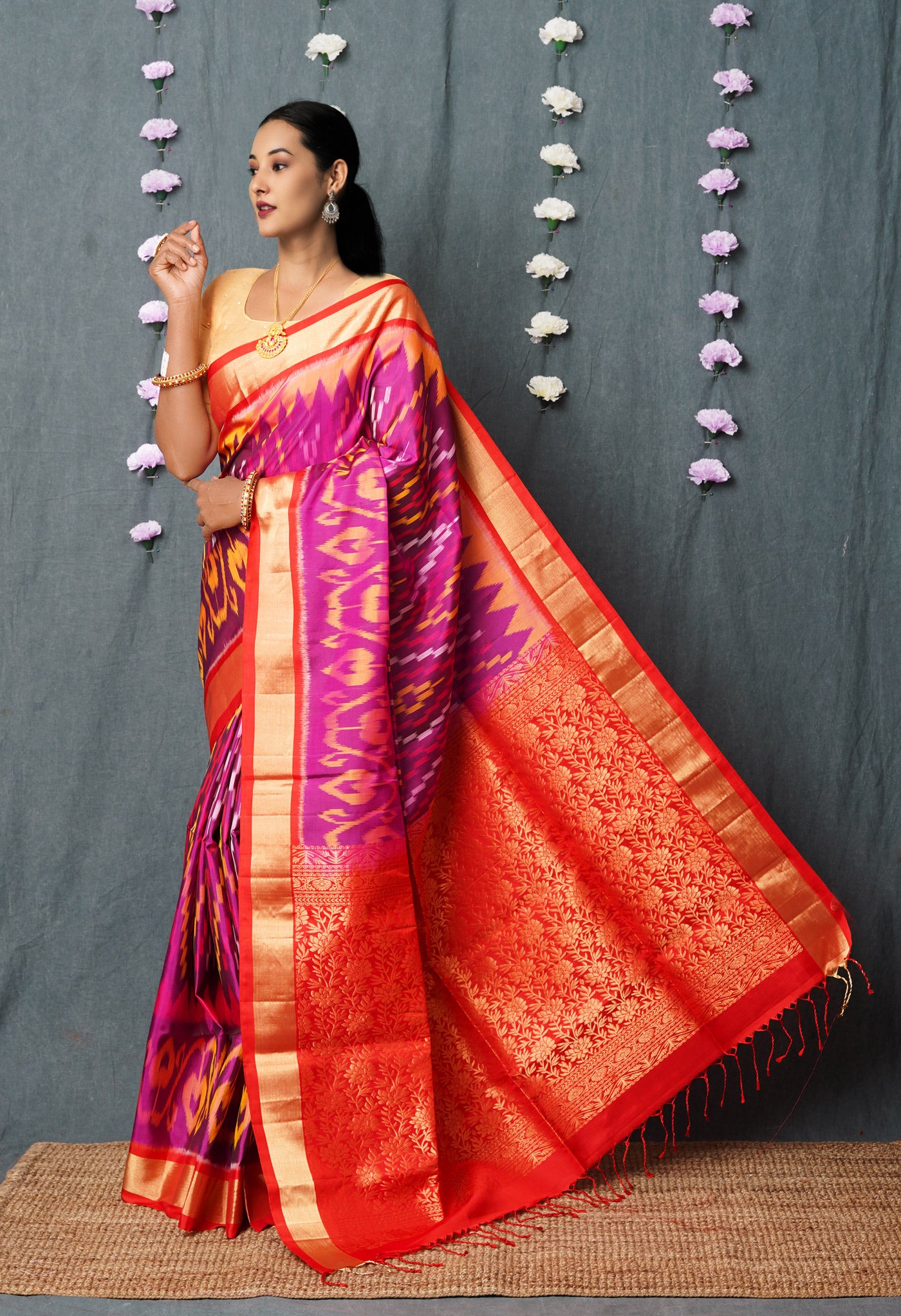 Rust Orange with Pink Color Silk Saree Has Floral Butta Design with  Unstitched Blouse