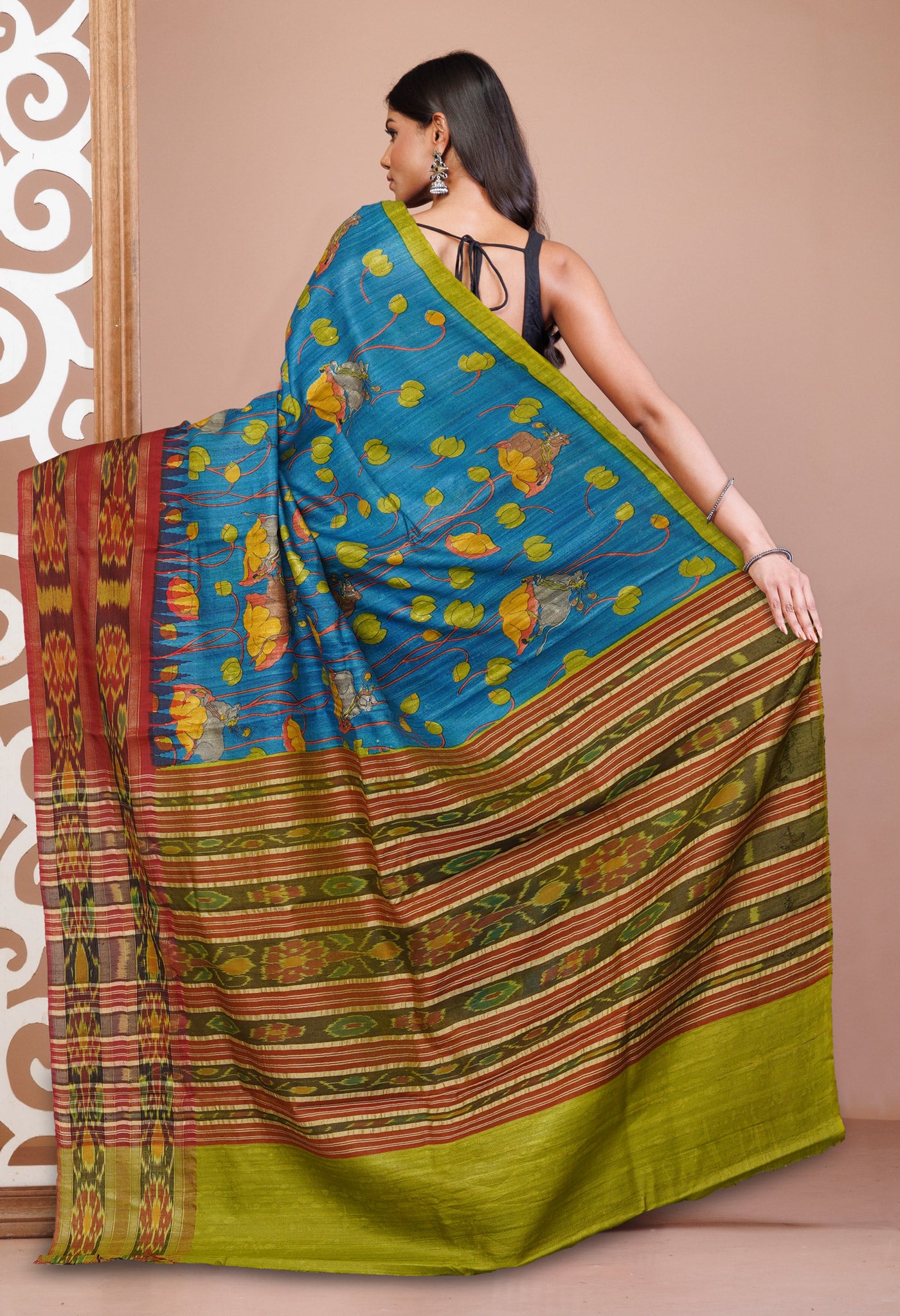 Blue Kalamkari Printed On Pure Handloom Tussar Silk Saree-UNM76050