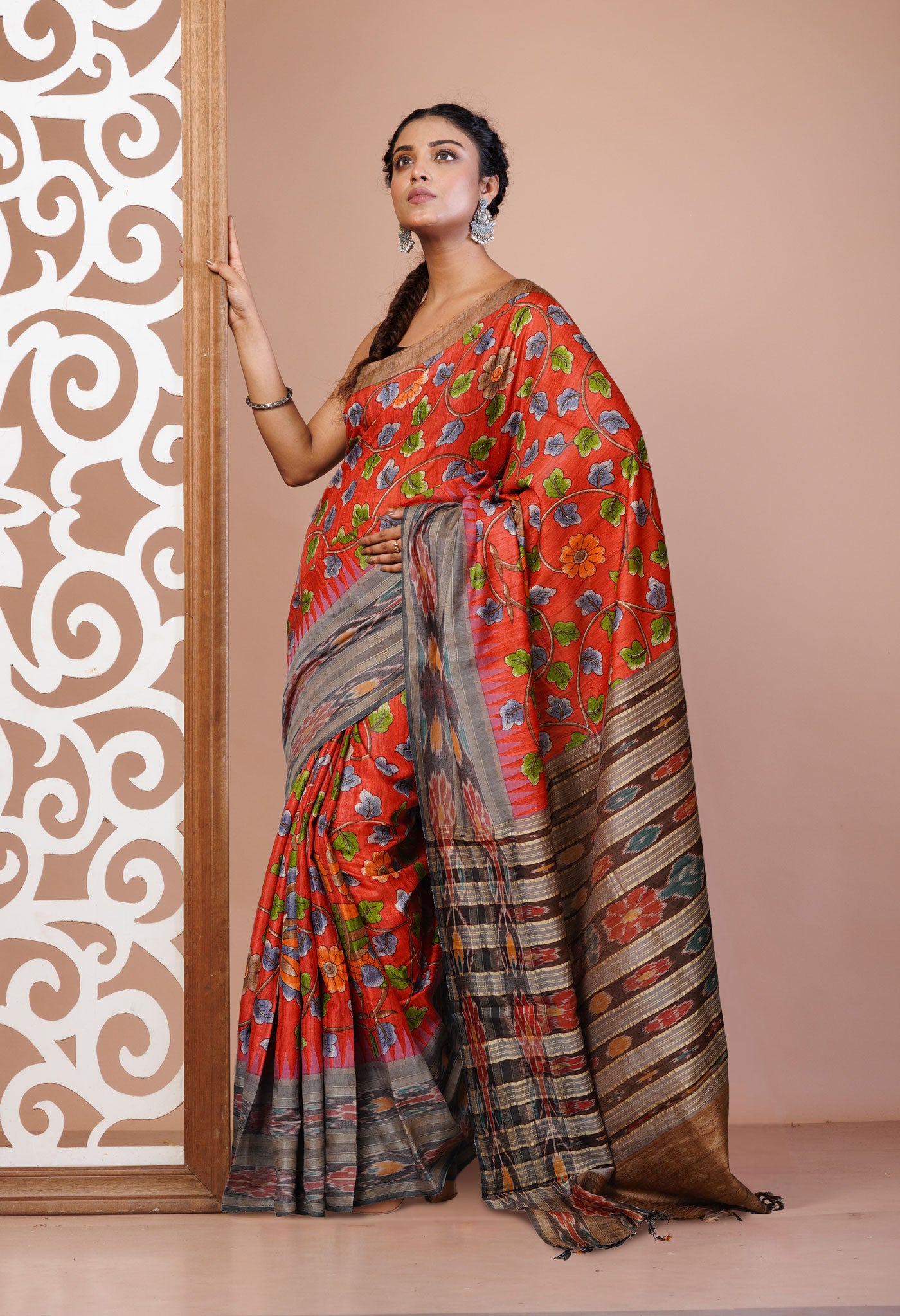 Red Kalamkari Printed On Pure Handloom Tussar Silk Saree-UNM76053