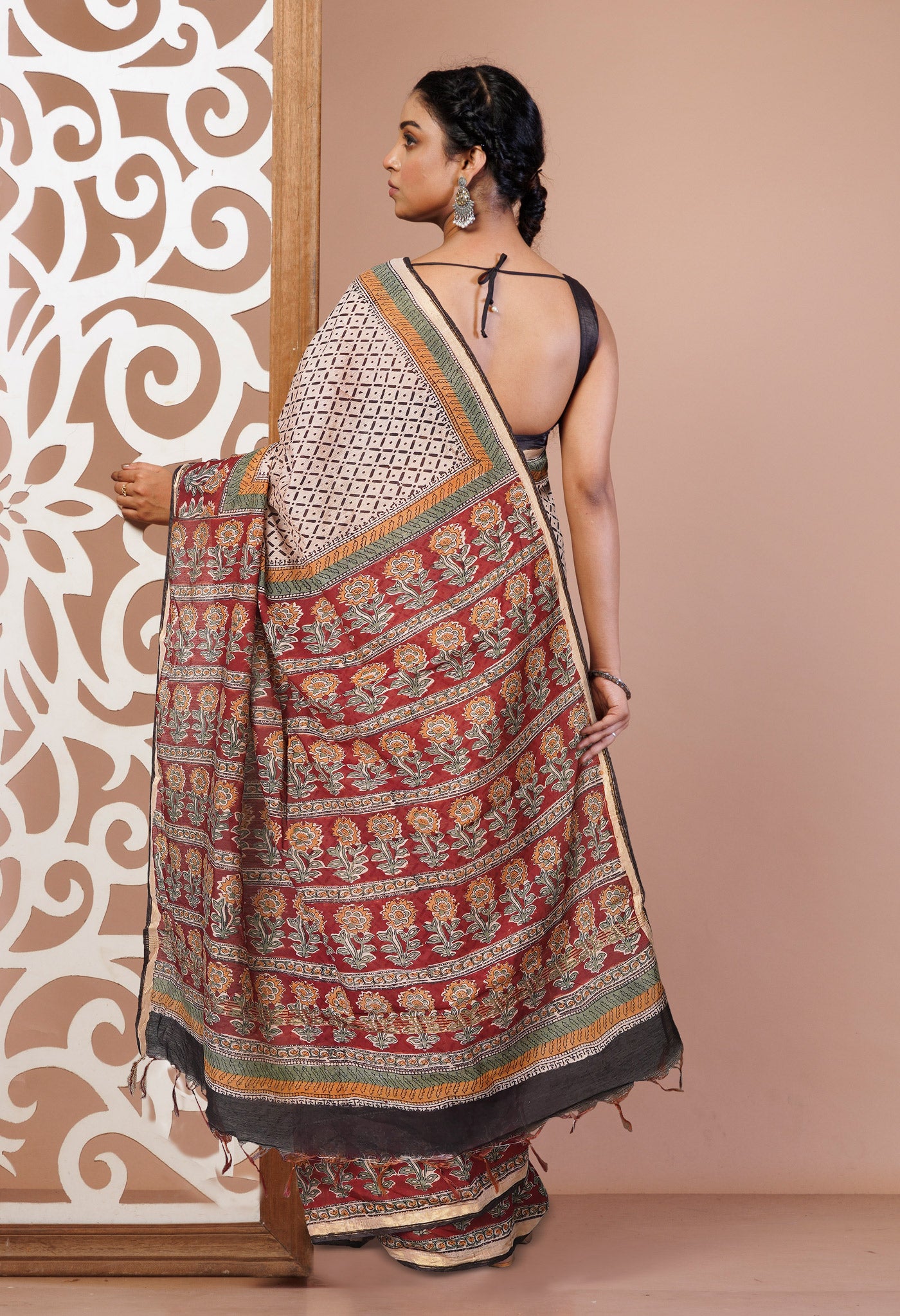 Ivory Pure Traditional Bagru Printed Pashmina Chanderi Sico Saree-UNM76131