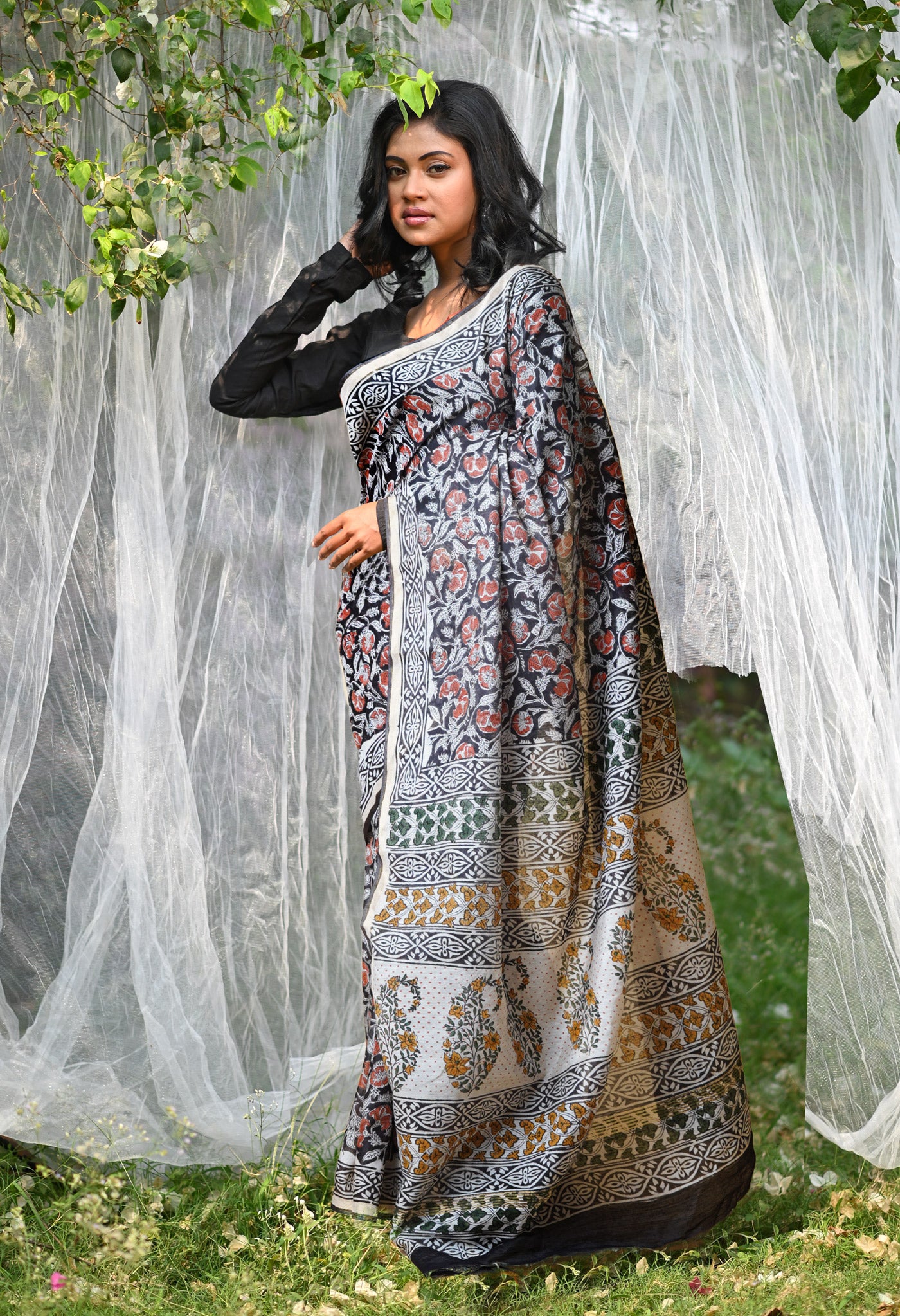 Black Pure Bagru Printed Pashmina Chanderi Sico Saree-UNM76155