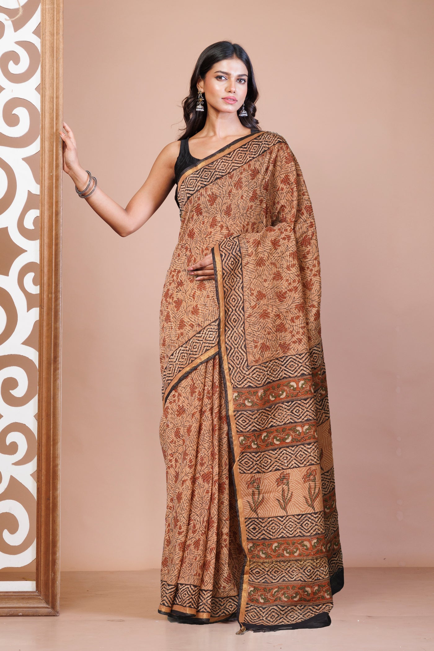 Brown Pure Discharge Bagru Printed Pashmina Chanderi Sico Saree-UNM76196